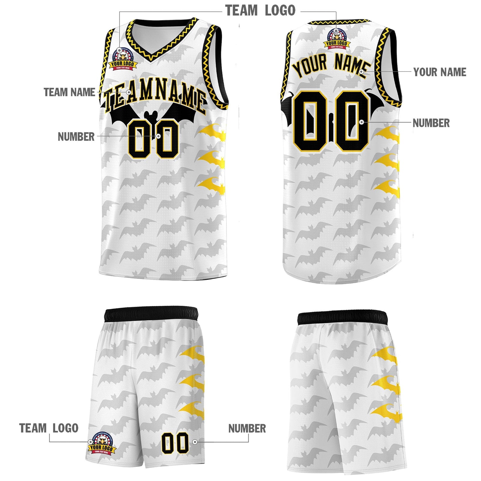 Custom White Gold Black Bat Pattern Halloween Basketball Jersey | For Men,For Kid,For Youth,Sublimation Printed,Perfect for Training,Perfect for Parties,Add Name and Numbern | KXKSHOP