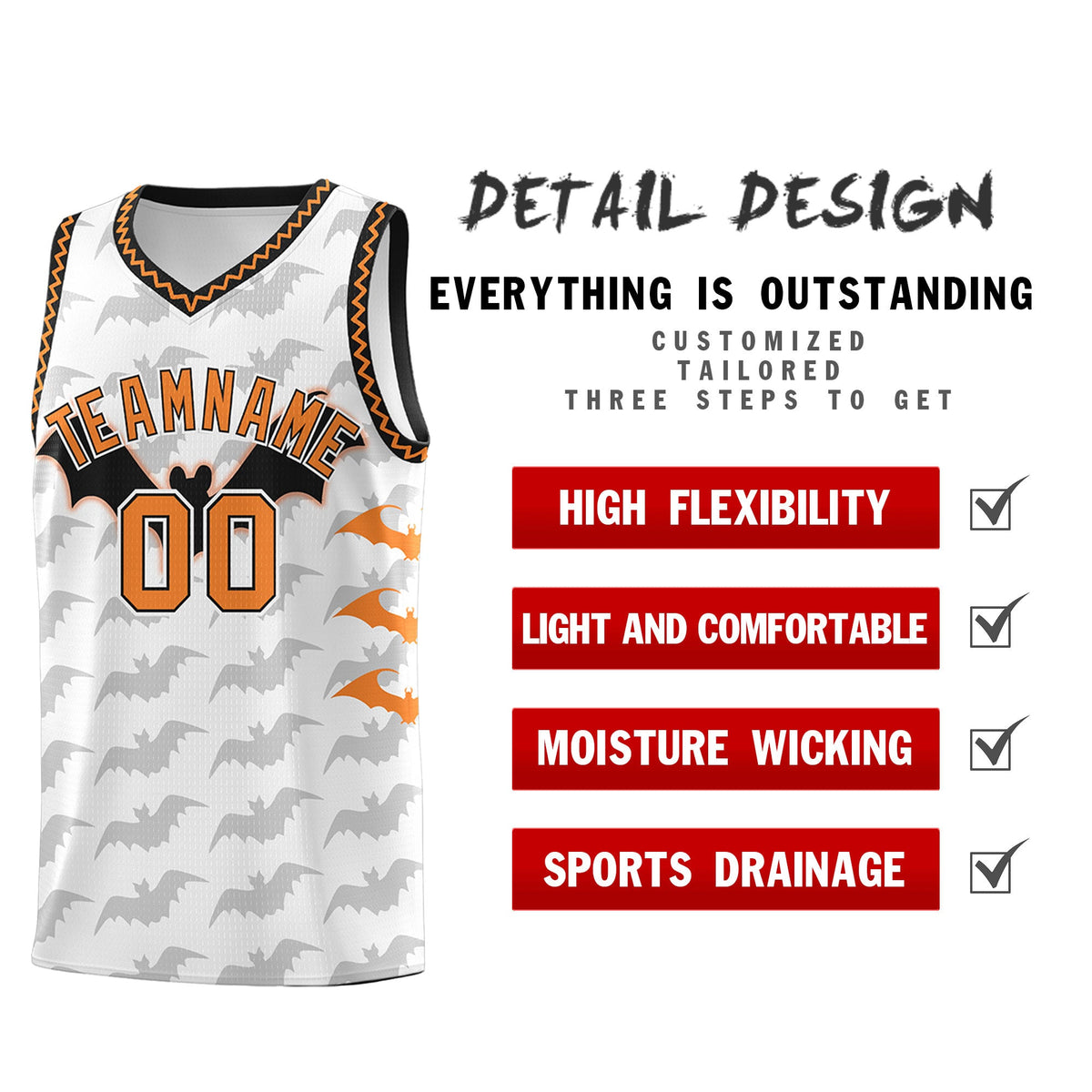 Custom White Black Bat Pattern Halloween Basketball Jersey | For Men,For Kid,For Youth,Sublimation Printed,Perfect for Training,Perfect for Parties,Add Name and Numbern | KXKSHOP