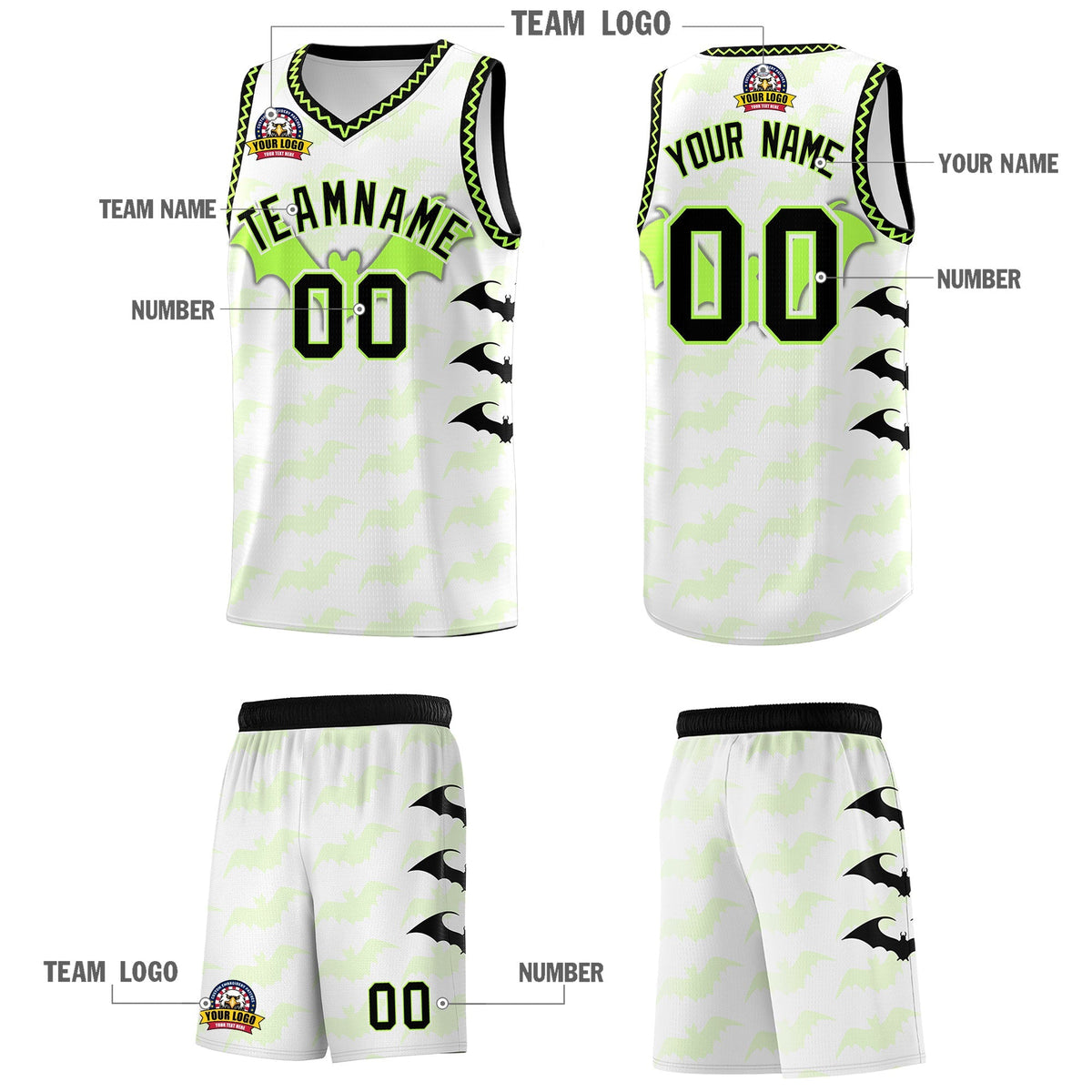 Custom White Fluorescent Green Black Bat Pattern Halloween Basketball Jersey | For Men,For Kid,For Youth,Sublimation Printed,Perfect for Training,Perfect for Parties,Add Name and Numbern | KXKSHOP