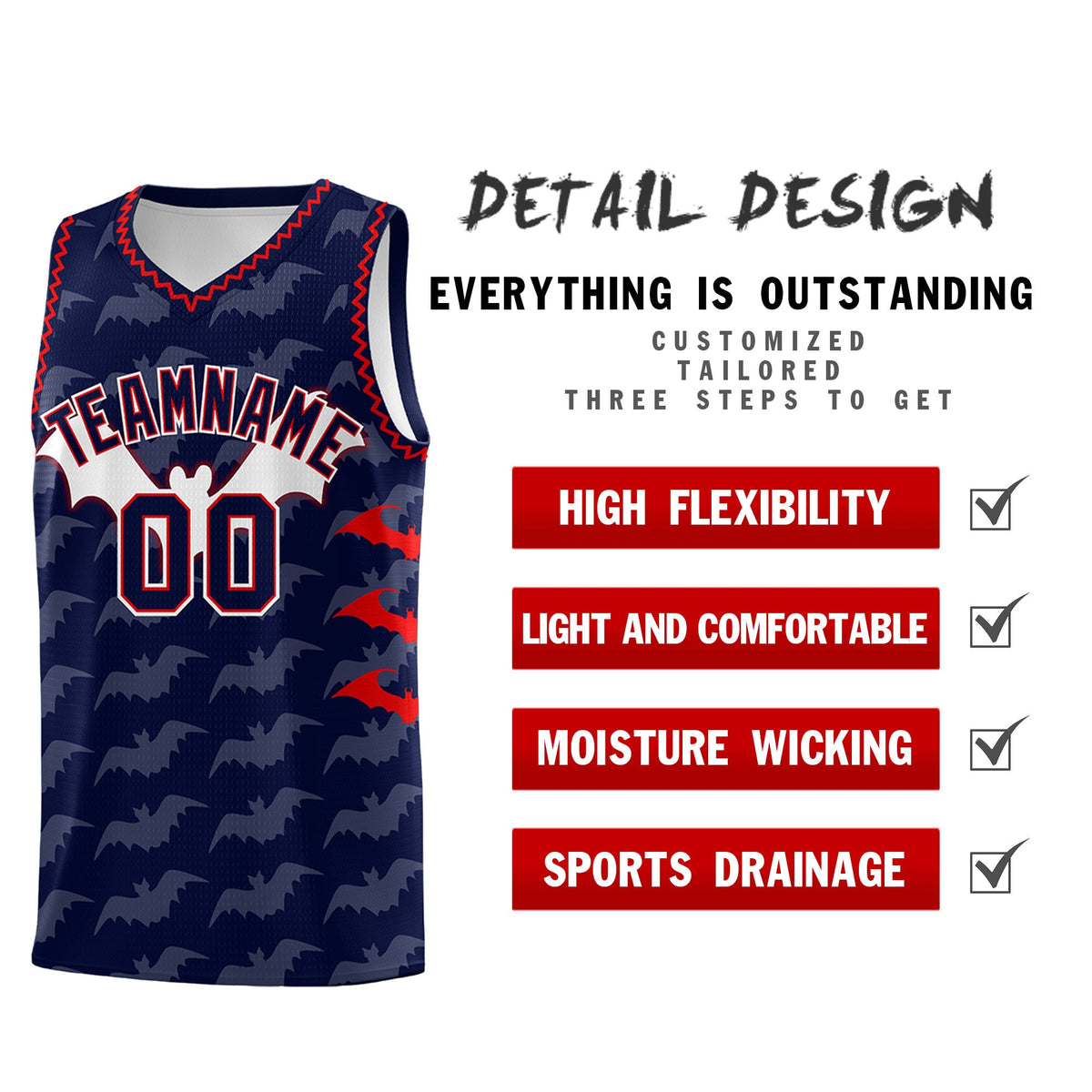 Custom Navy Red Bat Pattern Halloween Basketball Jersey | For Men,For Kid,For Youth,Sublimation Printed,Perfect for Training,Perfect for Parties,Add Name and Numbern | KXKSHOP