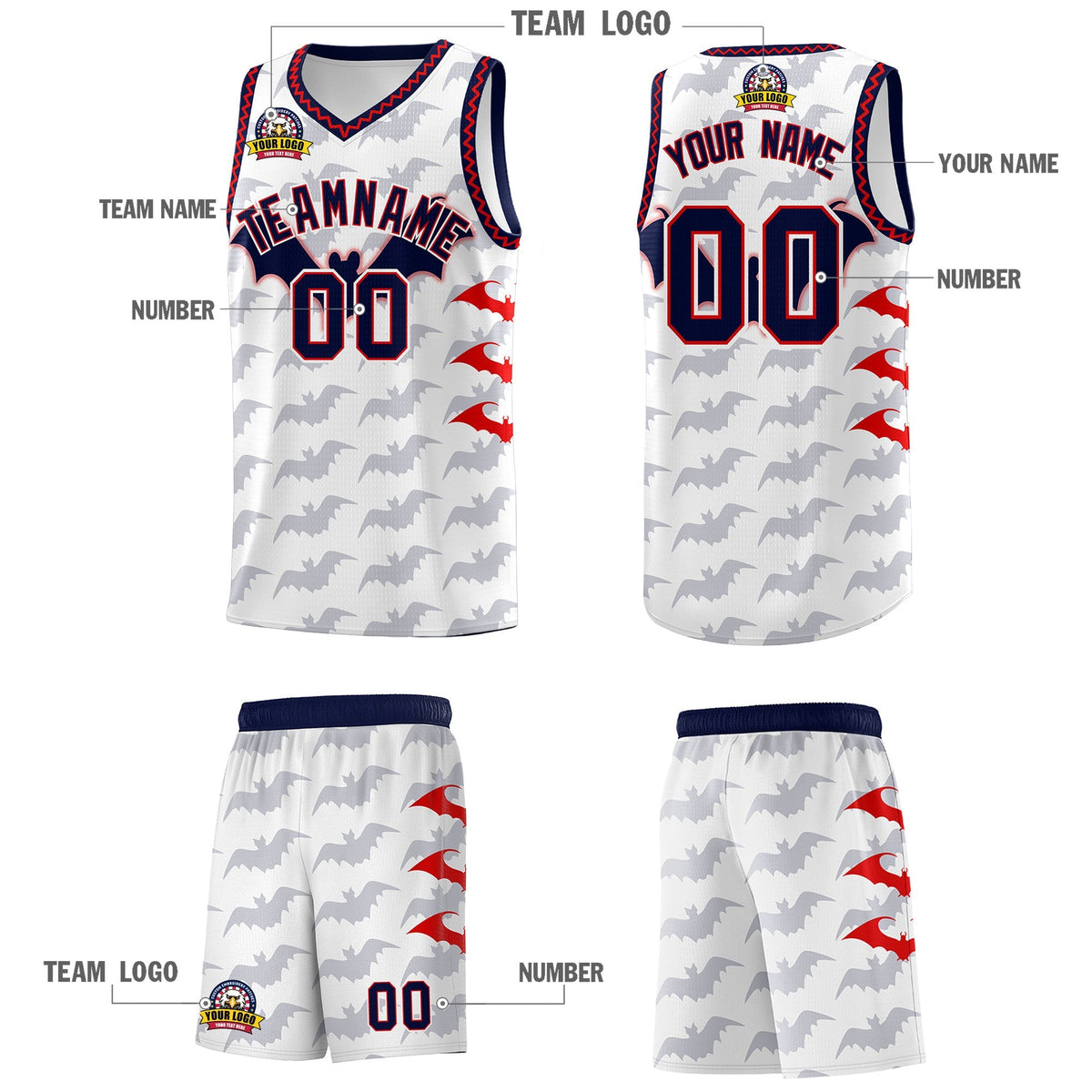 Custom White Red Navy Bat Pattern Halloween Basketball Jersey | For Men,For Kid,For Youth,Sublimation Printed,Perfect for Training,Perfect for Parties,Add Name and Numbern | KXKSHOP