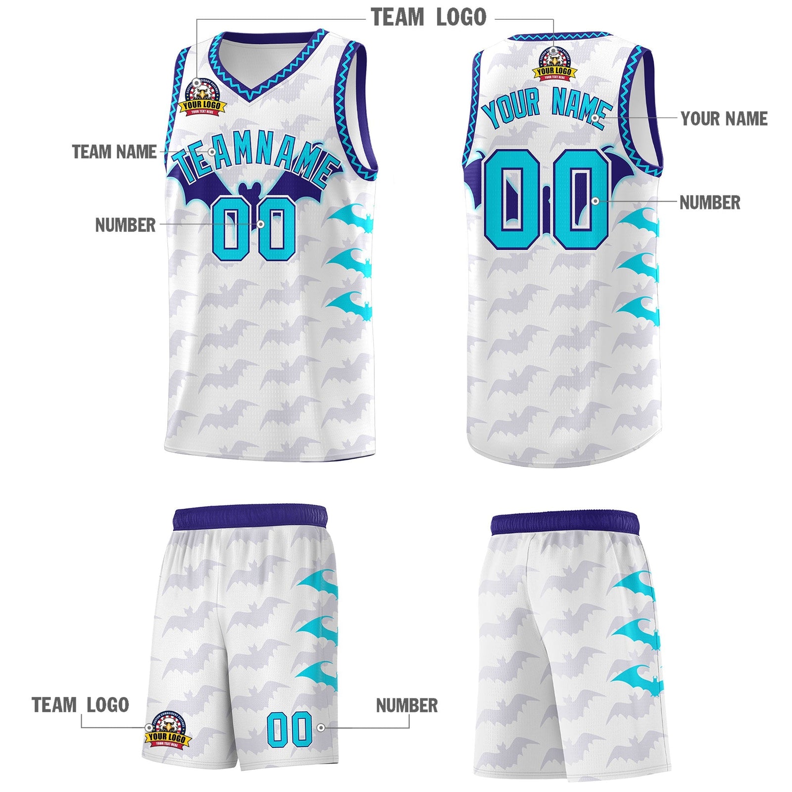 Custom White Sky Blue Bat Pattern Halloween Basketball Jersey | For Men,For Kid,For Youth,Sublimation Printed,Perfect for Training,Perfect for Parties,Add Name and Numbern | KXKSHOP