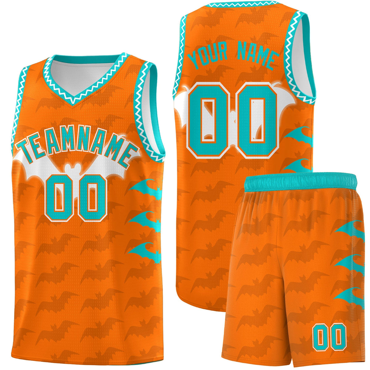 Custom Orange Aqua Bat Pattern Halloween Basketball Jersey | For Men,For Kid,For Youth,Sublimation Printed,Perfect for Training,Perfect for Parties,Add Name and Numbern | KXKSHOP