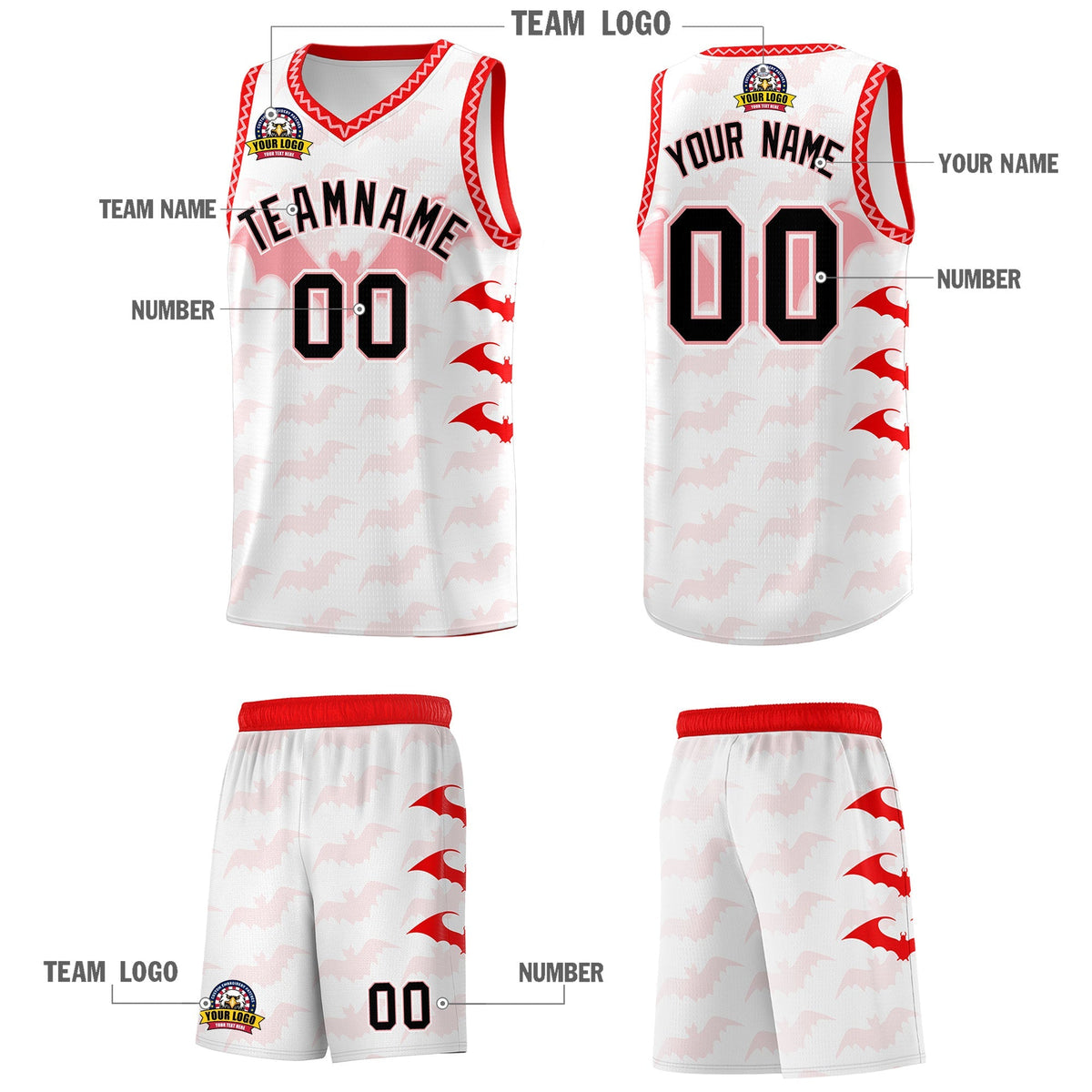 Custom White Light Pink Bat Pattern Halloween Basketball Jersey | For Men,For Kid,For Youth,Sublimation Printed,Perfect for Training,Perfect for Parties,Add Name and Numbern | KXKSHOP
