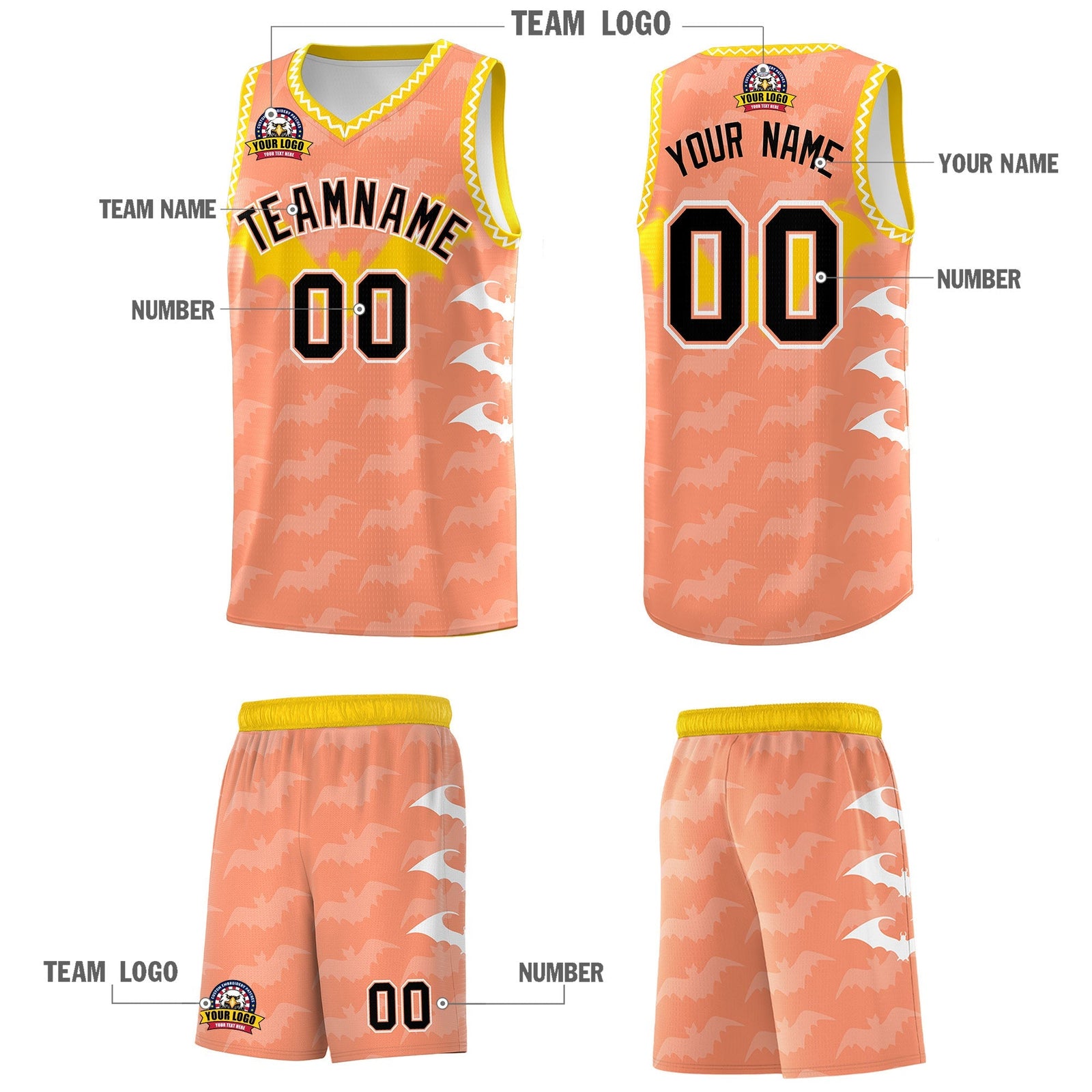 Custom Light Orange White Bat Pattern Halloween Basketball Jersey | For Men,For Kid,For Youth,Sublimation Printed,Perfect for Training,Perfect for Parties,Add Name and Numbern | KXKSHOP
