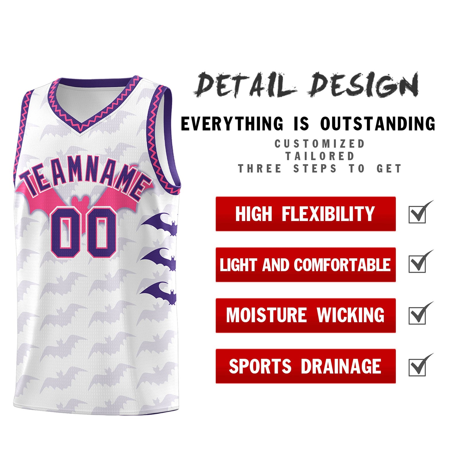 Custom White Pink Purple Bat Pattern Halloween Basketball Jersey | For Men,For Kid,For Youth,Sublimation Printed,Perfect for Training,Perfect for Parties,Add Name and Numbern | KXKSHOP