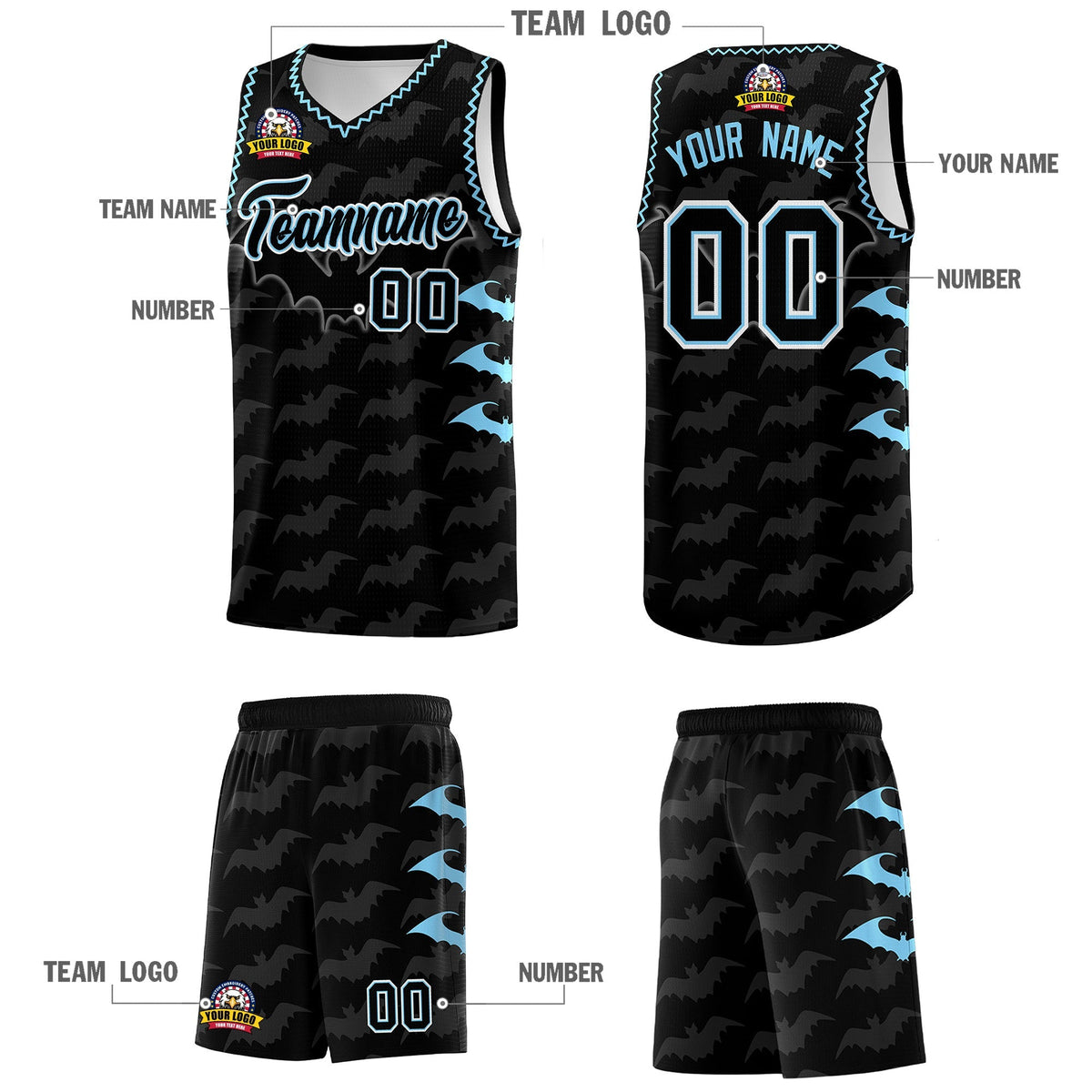 Custom Black Light Blue Bat Pattern Halloween Basketball Jersey | For Men,For Kid,For Youth,Sublimation Printed,Perfect for Training,Perfect for Parties,Add Name and Numbern | KXKSHOP