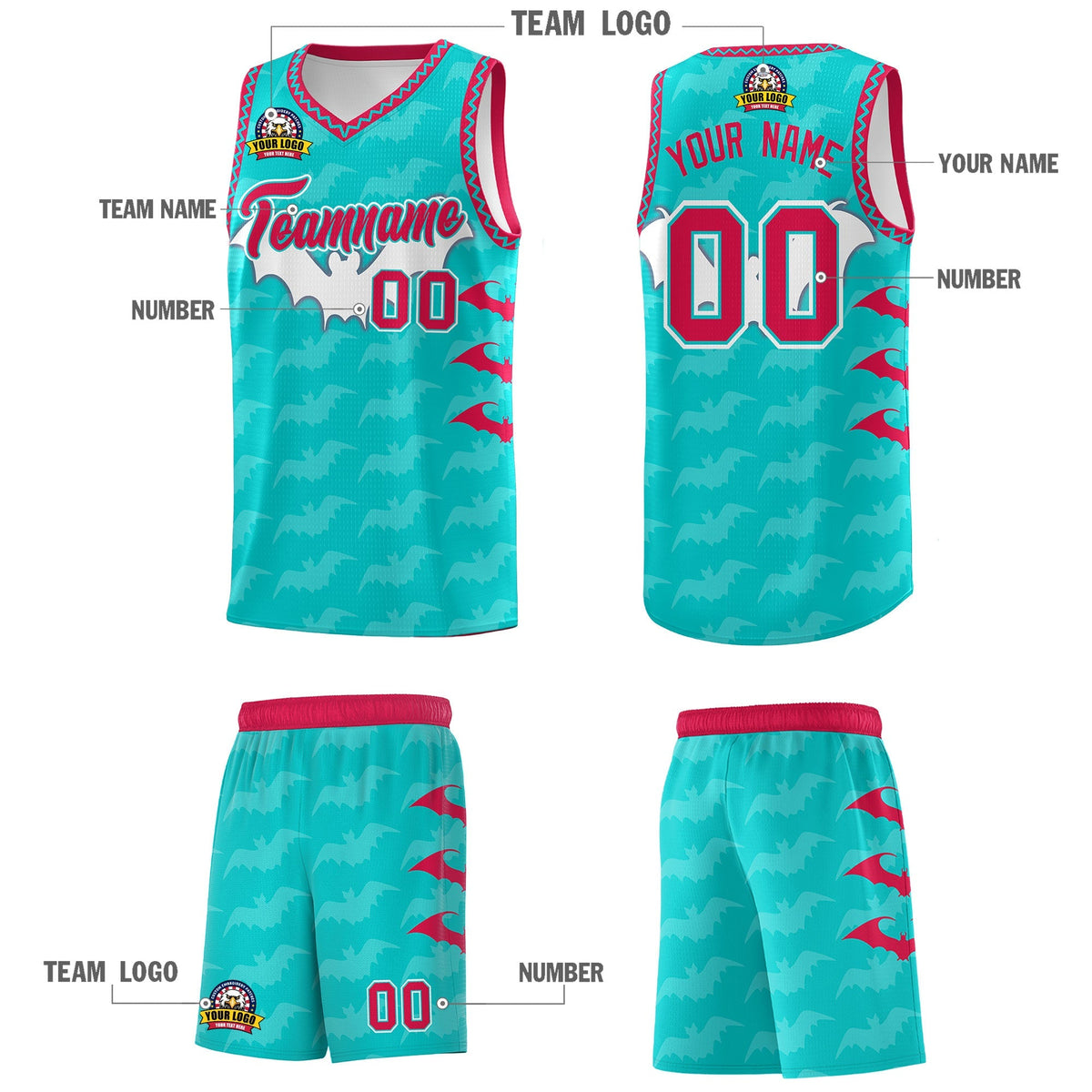 Custom Aqua White Red Bat Pattern Halloween Basketball Jersey | For Men,For Kid,For Youth,Sublimation Printed,Perfect for Training,Perfect for Parties,Add Name and Numbern | KXKSHOP