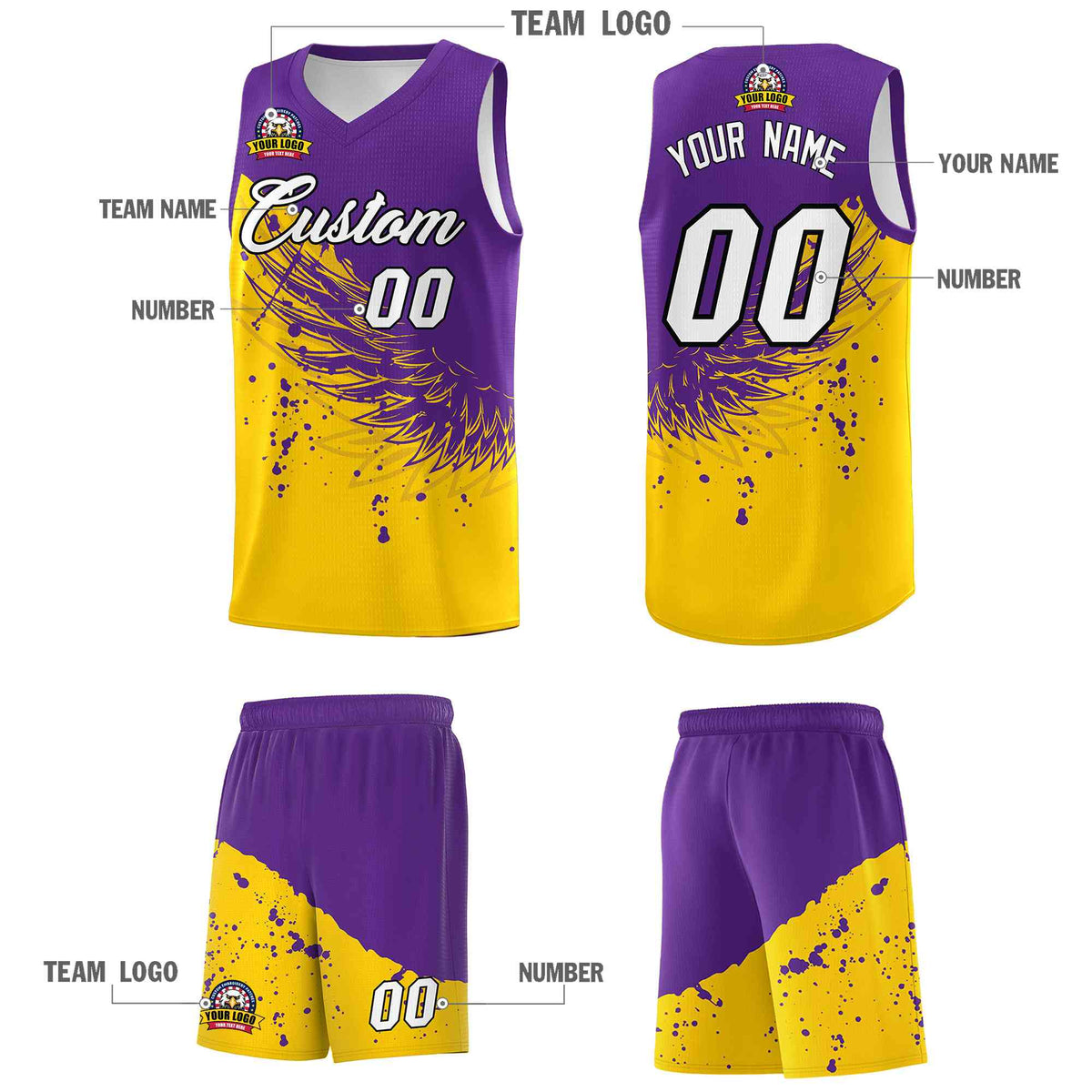 Custom Gold Purple Wing Pattern Sports Uniform Basketball Jersey| KXKSHOP
