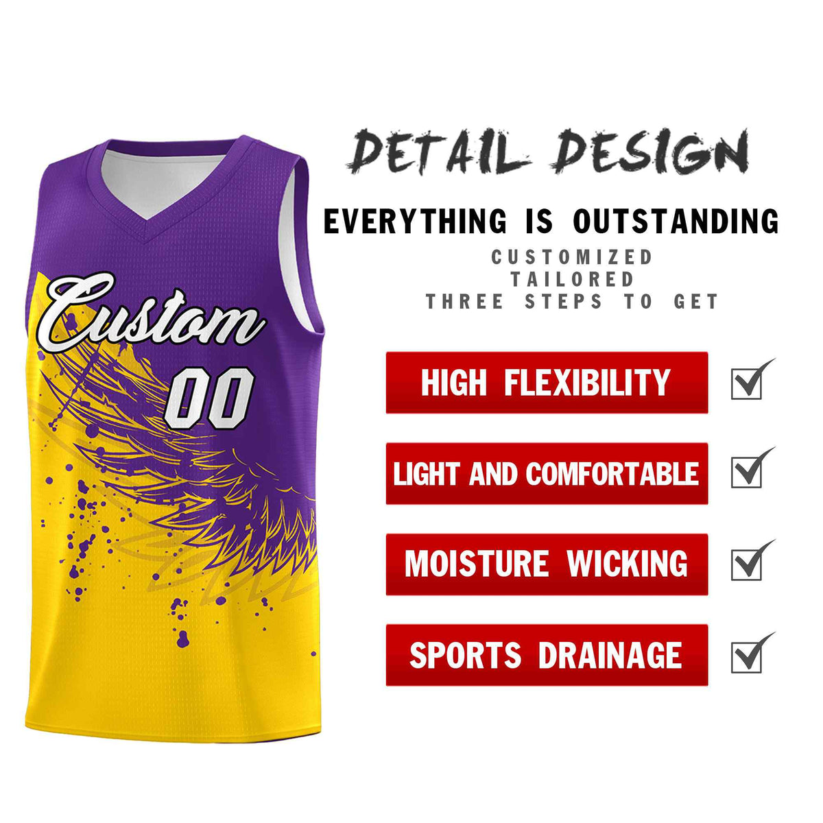 Custom Gold Purple Wing Pattern Sports Uniform Basketball Jersey| KXKSHOP