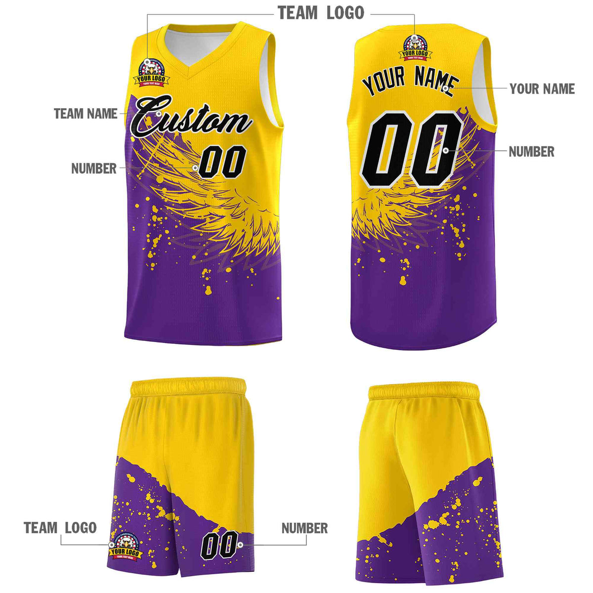 Custom Purple Gold Wing Pattern Sports Uniform Basketball Jersey| KXKSHOP