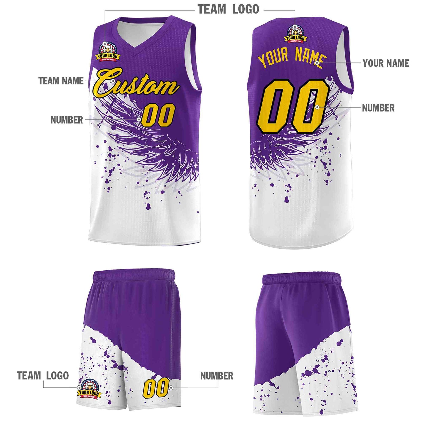 Custom White Purple Wing Pattern Sports Uniform Basketball Jersey| KXKSHOP