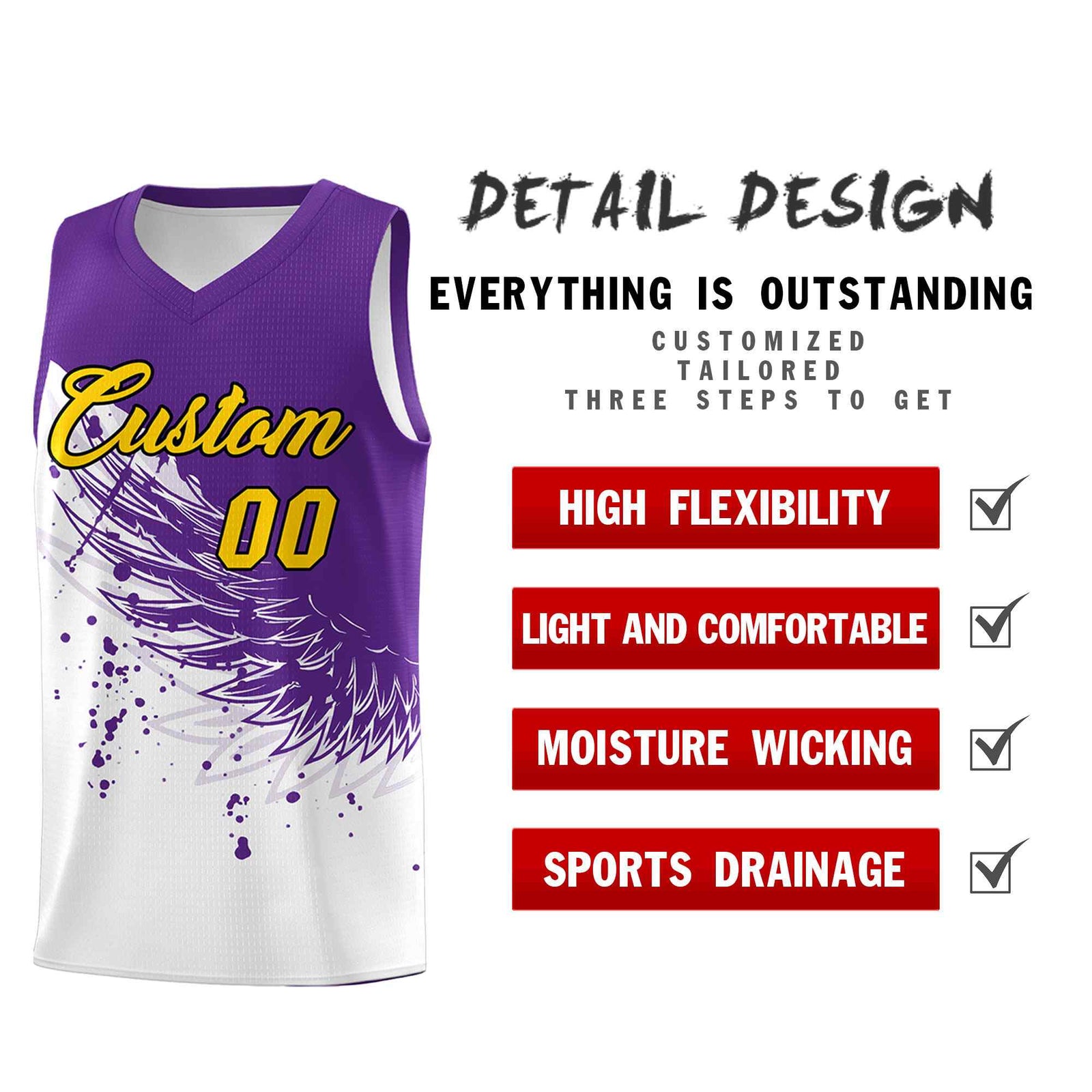 Custom White Purple Wing Pattern Sports Uniform Basketball Jersey| KXKSHOP