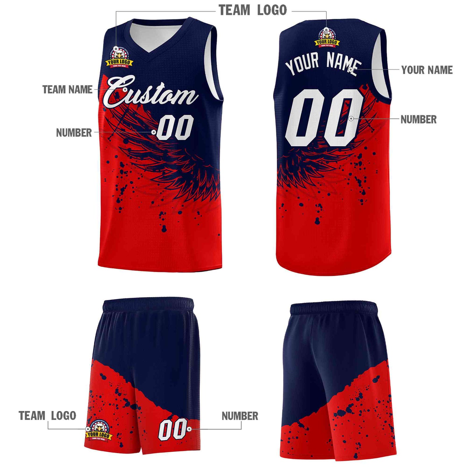 Custom Red Navy Wing Pattern Sports Uniform Basketball Jersey| KXKSHOP