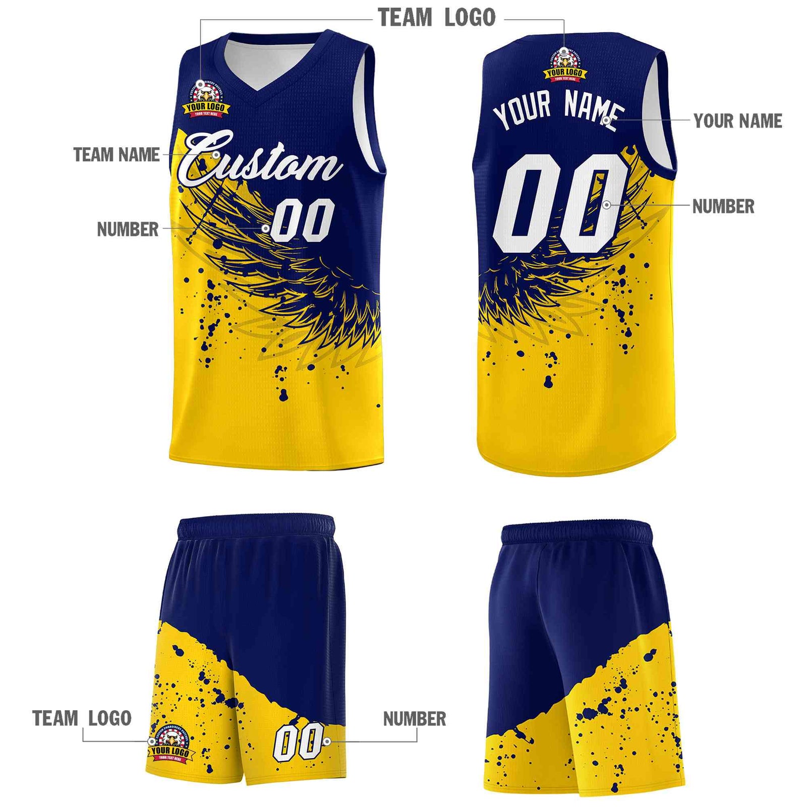 Custom Gold Navy Wing Pattern Sports Uniform Basketball Jersey| KXKSHOP