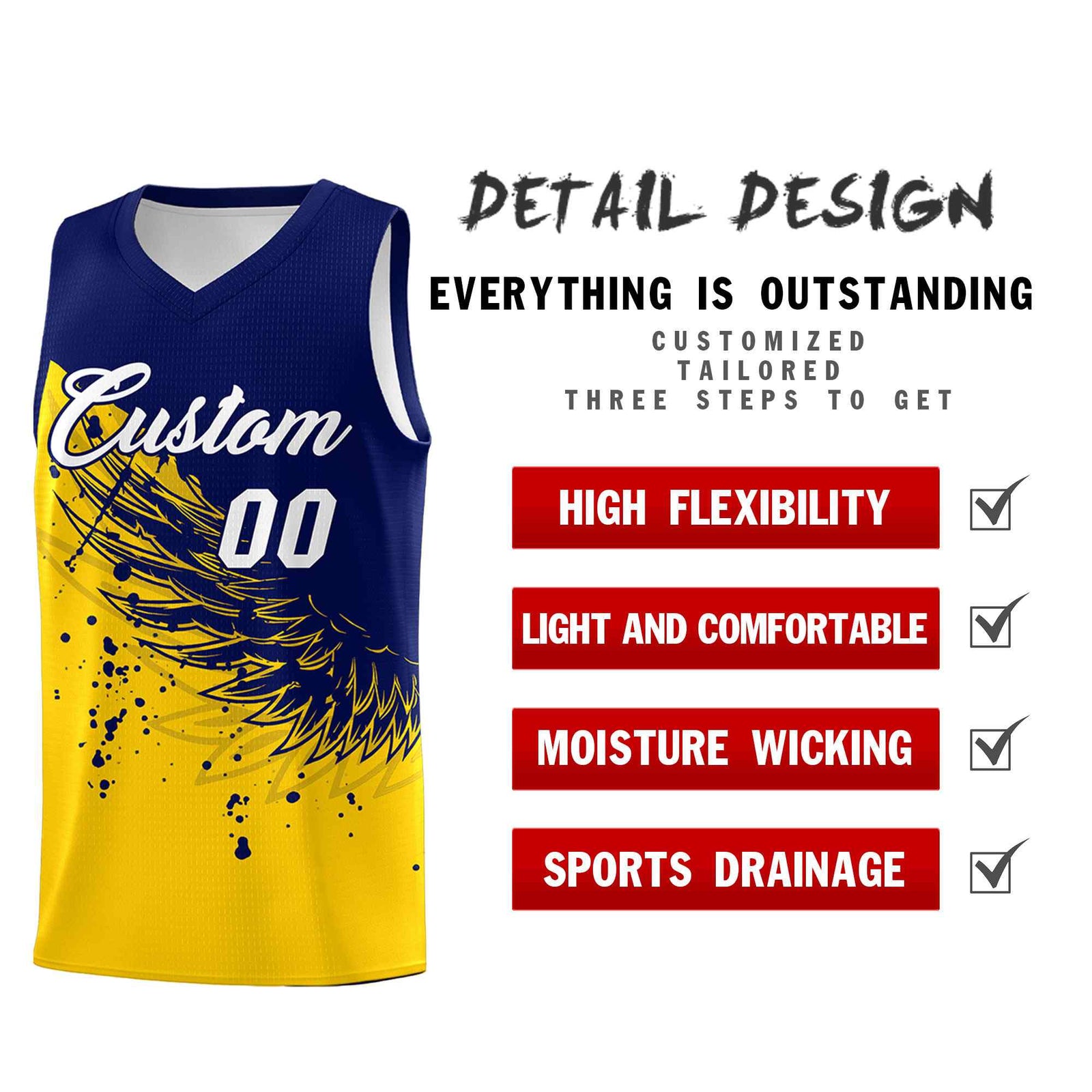 Custom Gold Navy Wing Pattern Sports Uniform Basketball Jersey| KXKSHOP