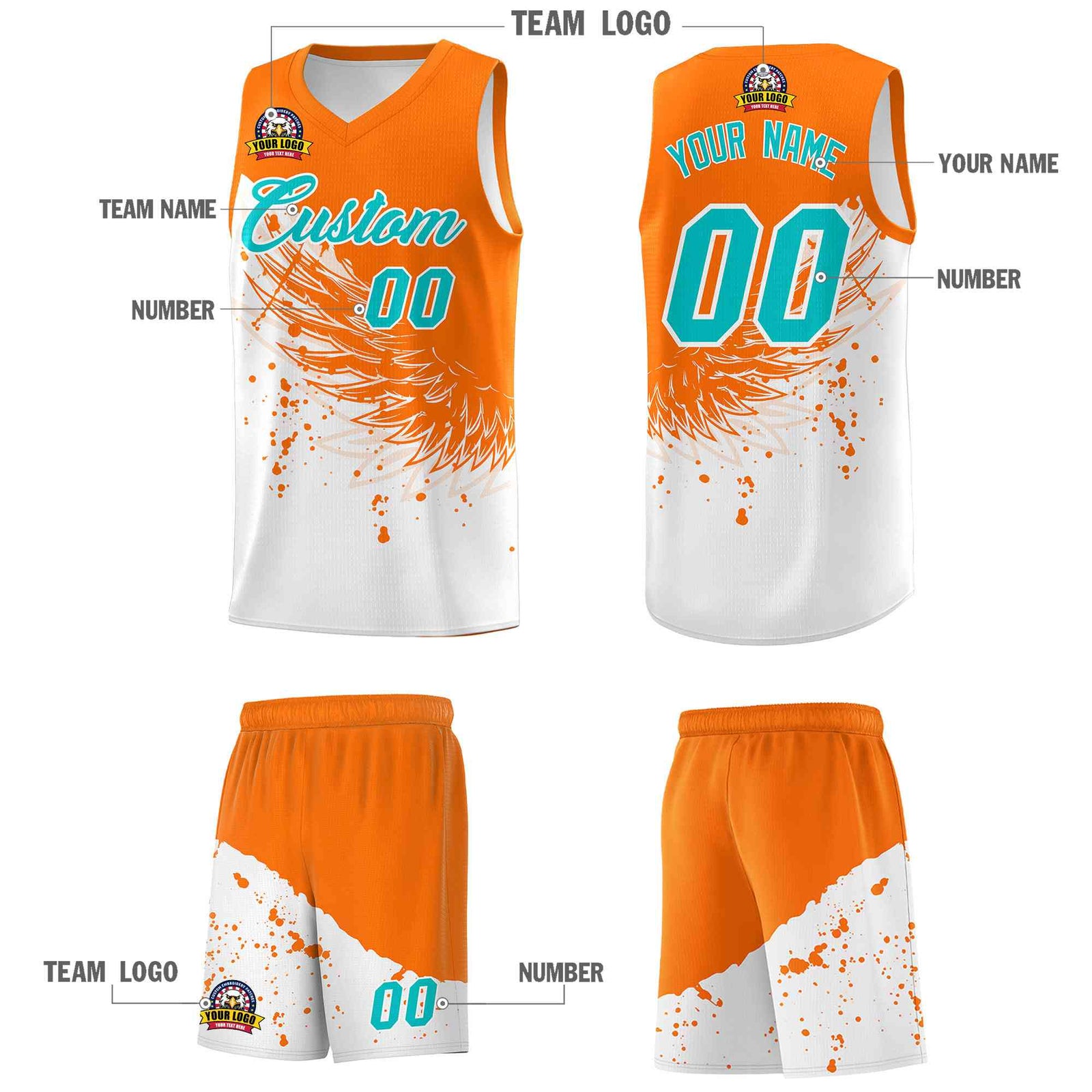 Custom White Orange Wing Pattern Sports Uniform Basketball Jersey| KXKSHOP