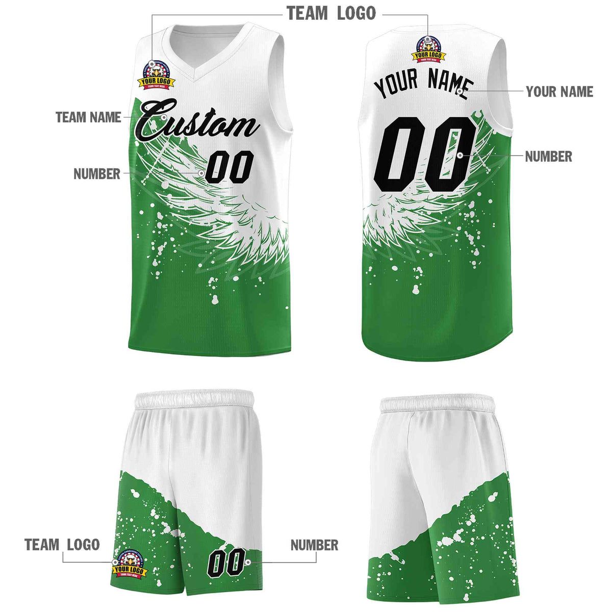 Custom Kelly Green White Wing Pattern Sports Uniform Basketball Jersey| KXKSHOP