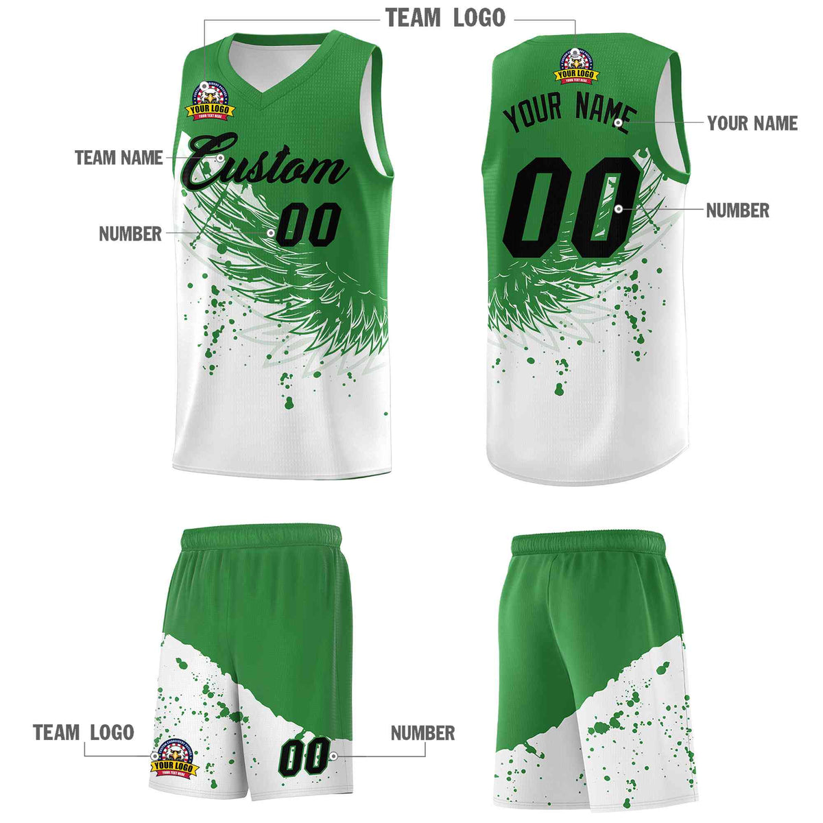 Custom White Kelly Green Wing Pattern Sports Uniform Basketball Jersey| KXKSHOP