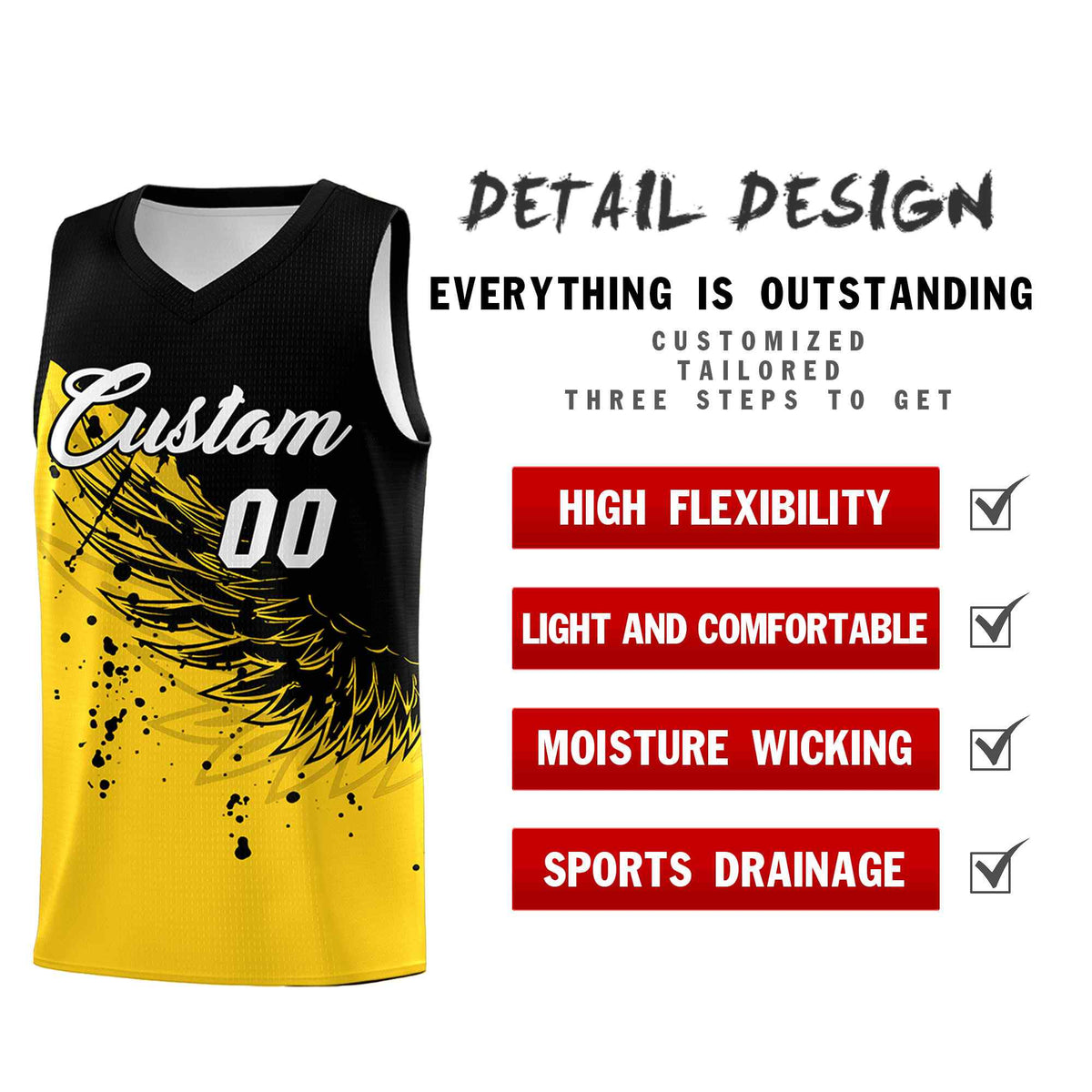 Custom Gold Black Wing Pattern Sports Uniform Basketball Jersey| KXKSHOP