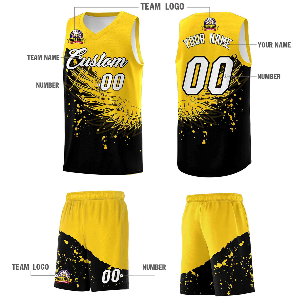 Custom Black Gold Wing Pattern Sports Uniform Basketball Jersey| KXKSHOP
