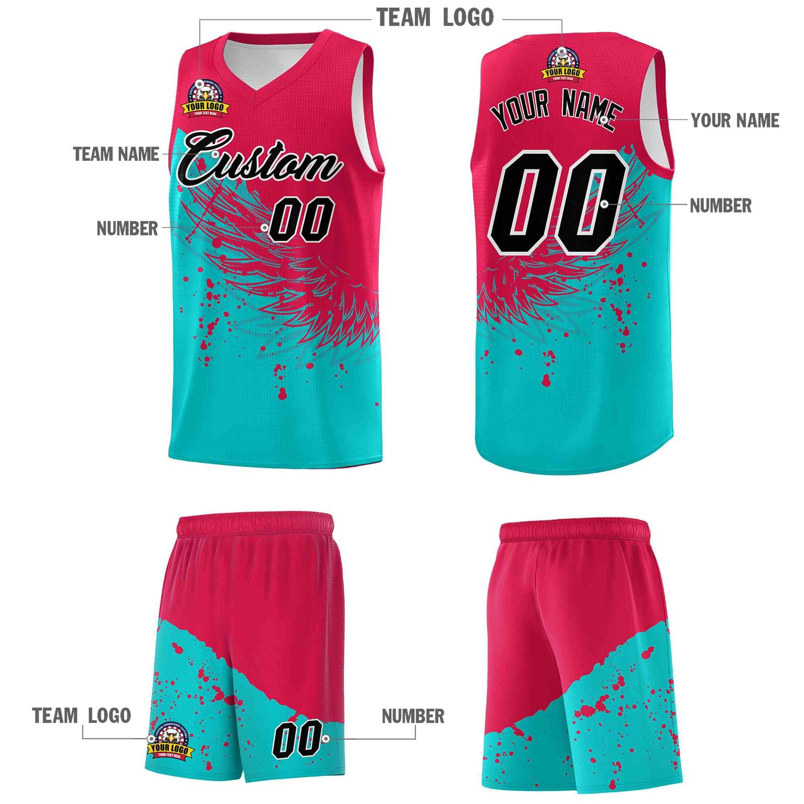 Custom Aqua Red Wing Pattern Sports Uniform Basketball Jersey| KXKSHOP