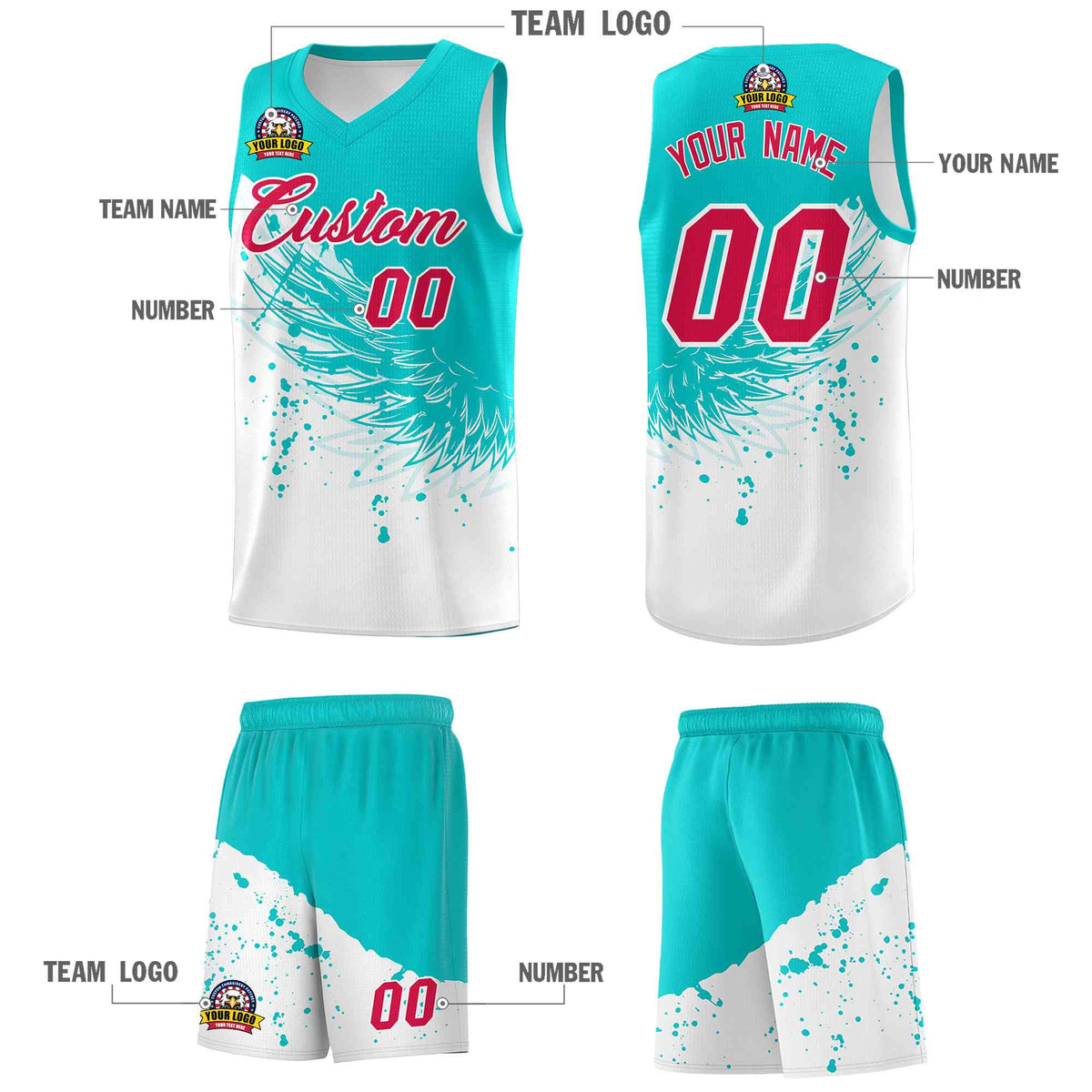 Custom White Aqua Wing Pattern Sports Uniform Basketball Jersey| KXKSHOP