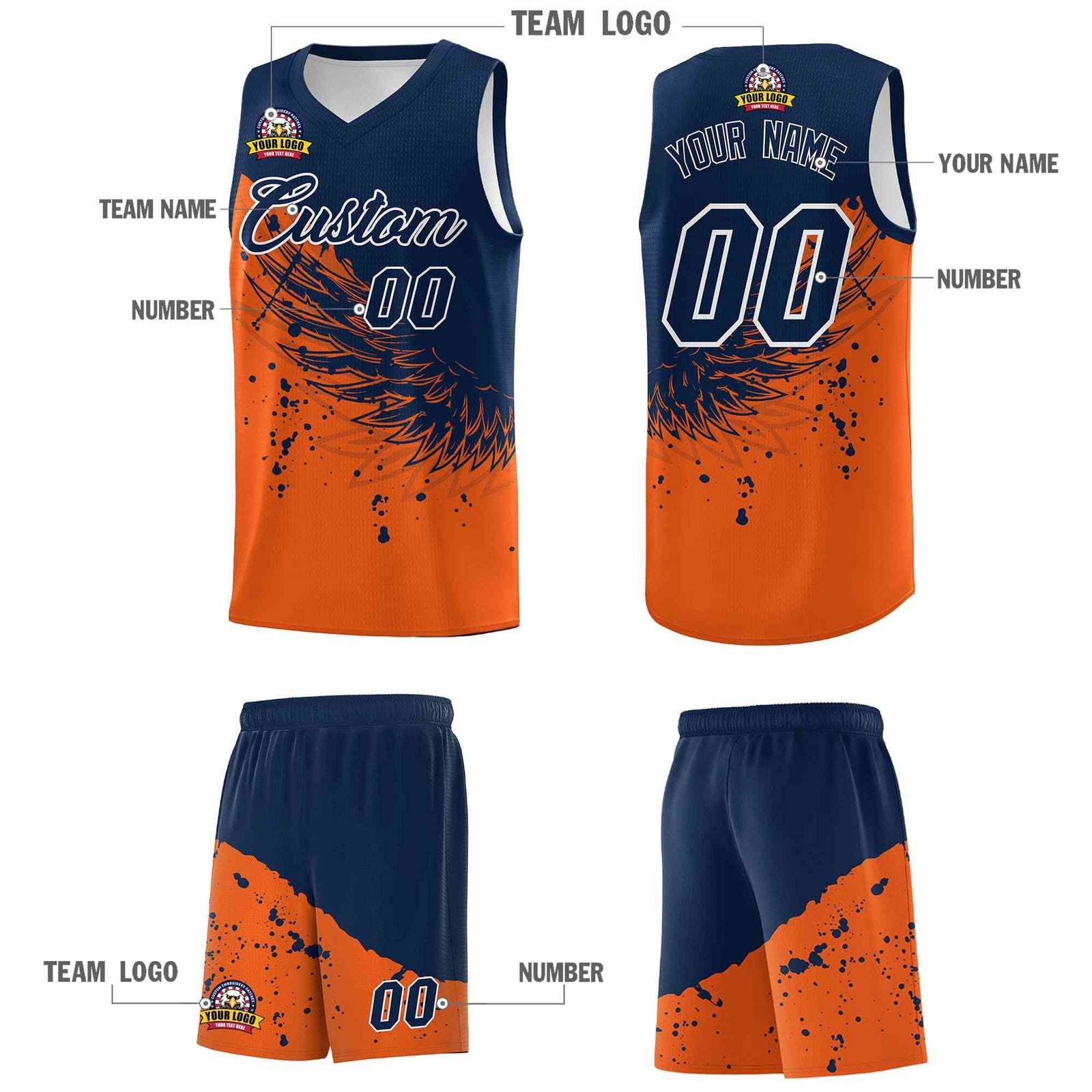 Custom Orange Navy Wing Pattern Sports Uniform Basketball Jersey| KXKSHOP