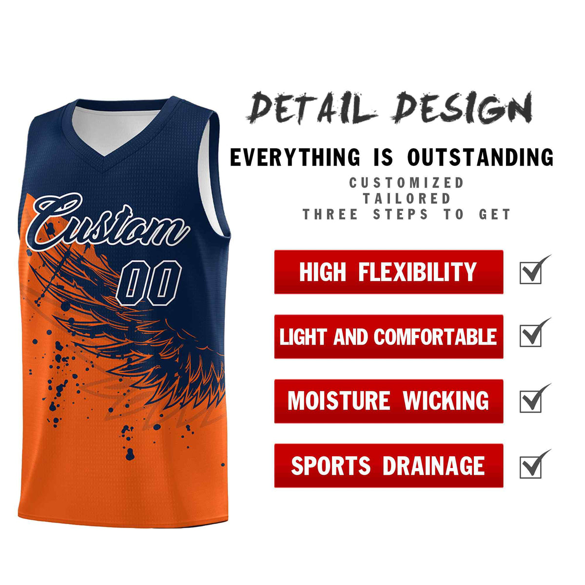 Custom Orange Navy Wing Pattern Sports Uniform Basketball Jersey| KXKSHOP