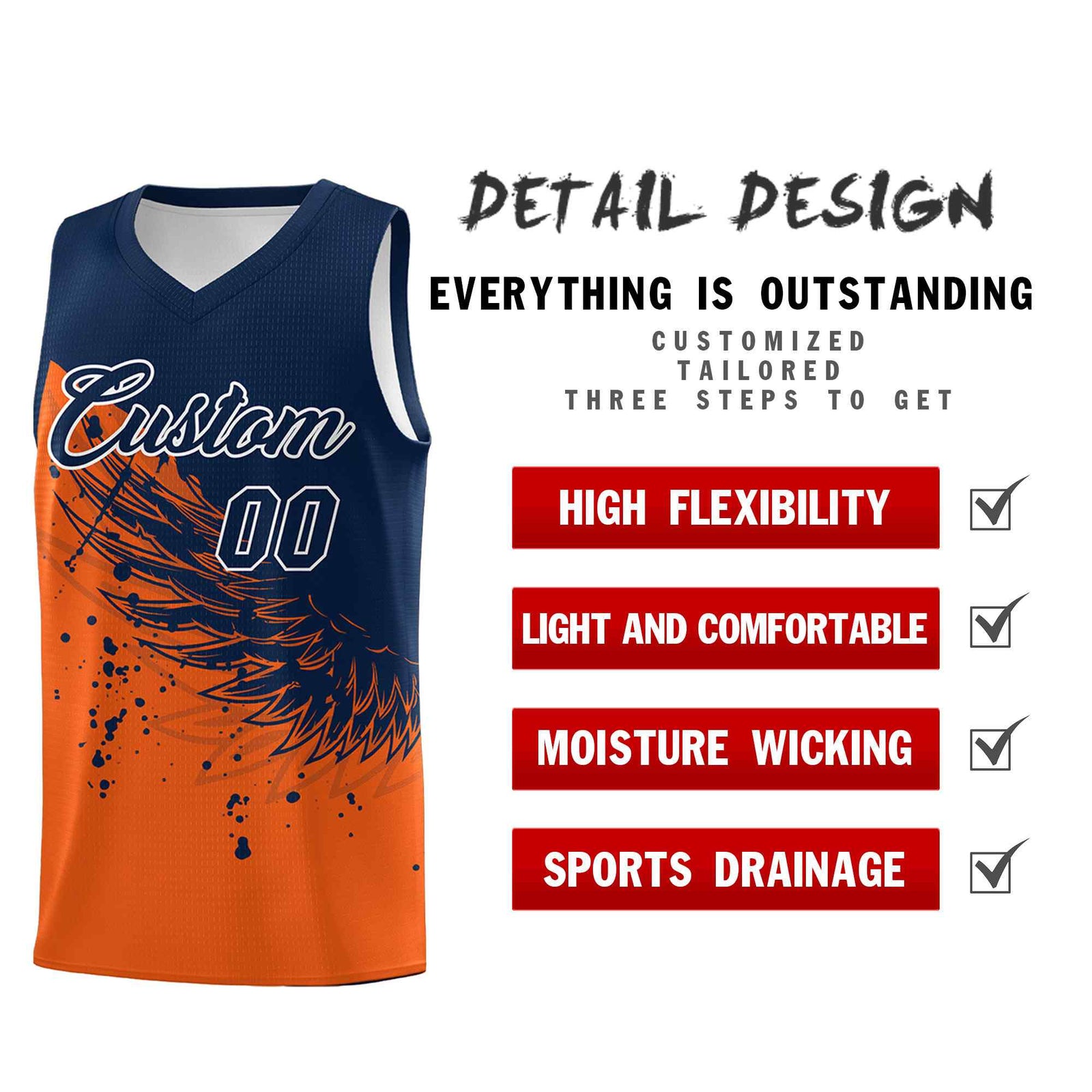 Custom Orange Navy Wing Pattern Sports Uniform Basketball Jersey| KXKSHOP