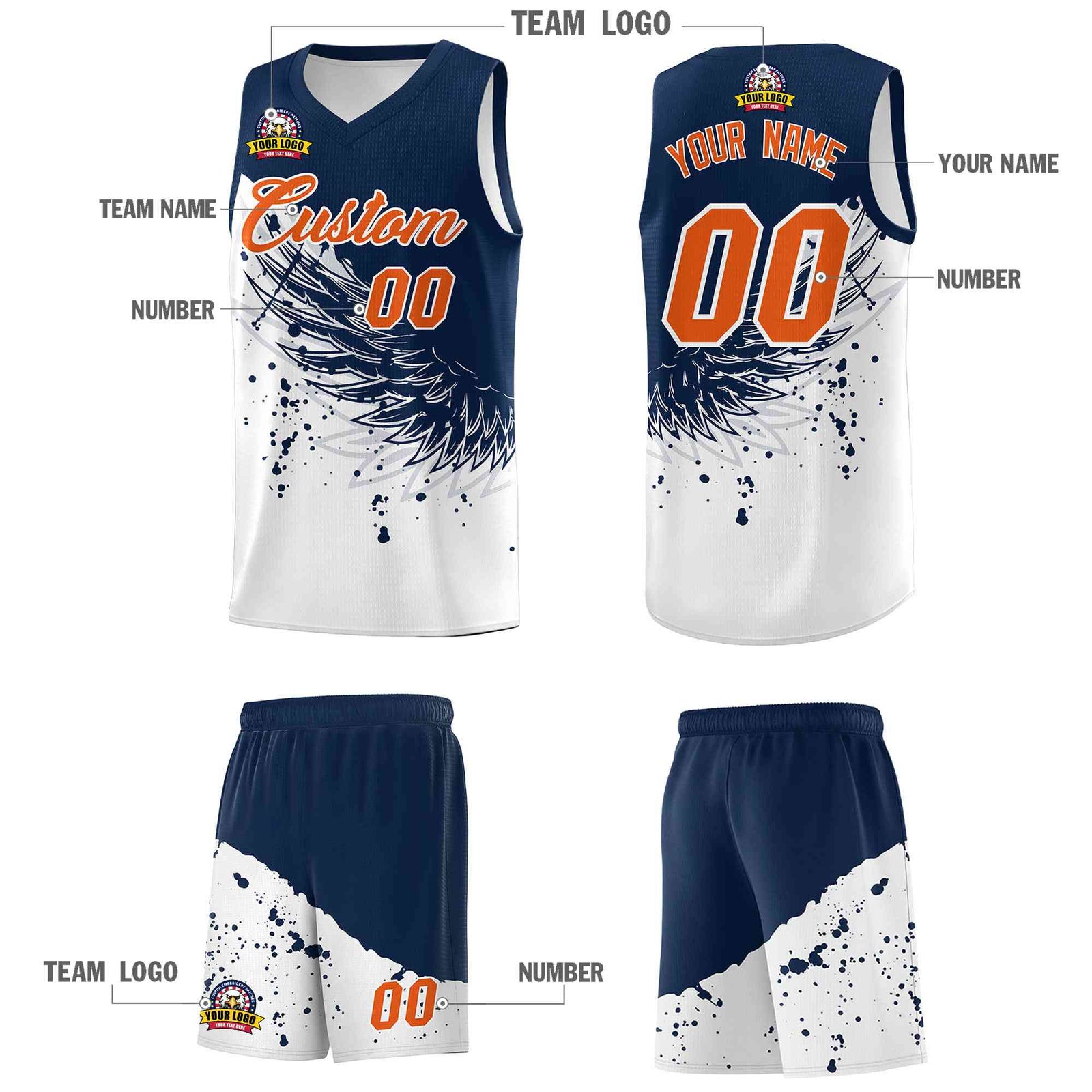 Custom White Navy Wing Pattern Sports Uniform Basketball Jersey| KXKSHOP