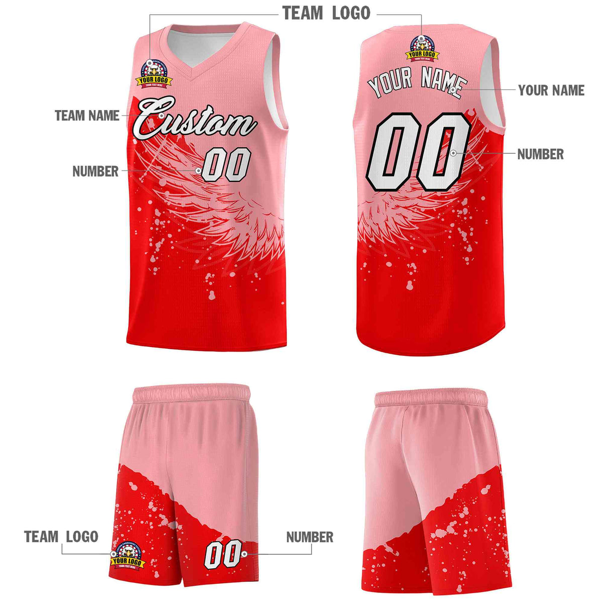 Custom Light Red Light Pink Wing Pattern Sports Uniform Basketball Jersey| KXKSHOP