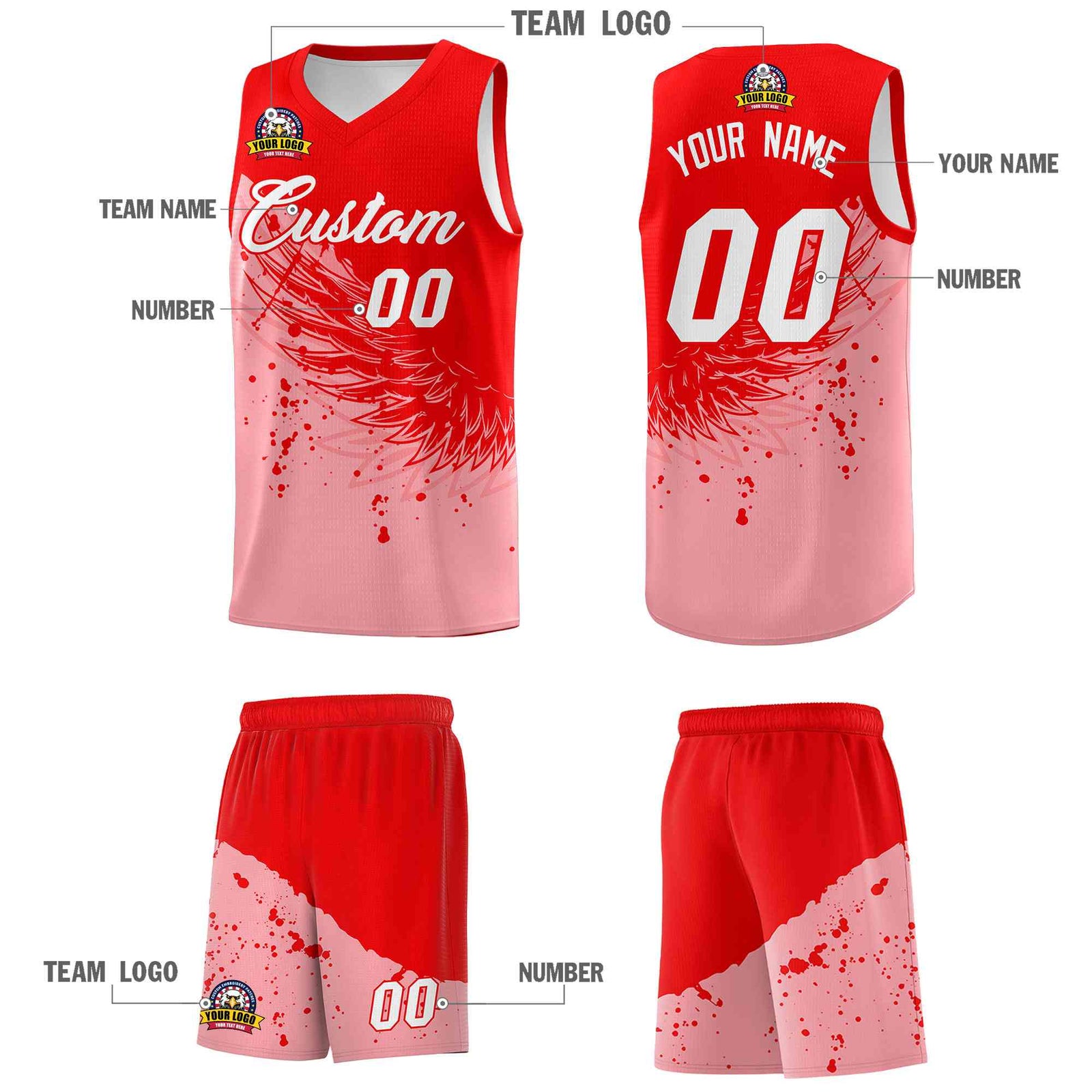 Custom Light Pink Light Red Wing Pattern Sports Uniform Basketball Jersey| KXKSHOP