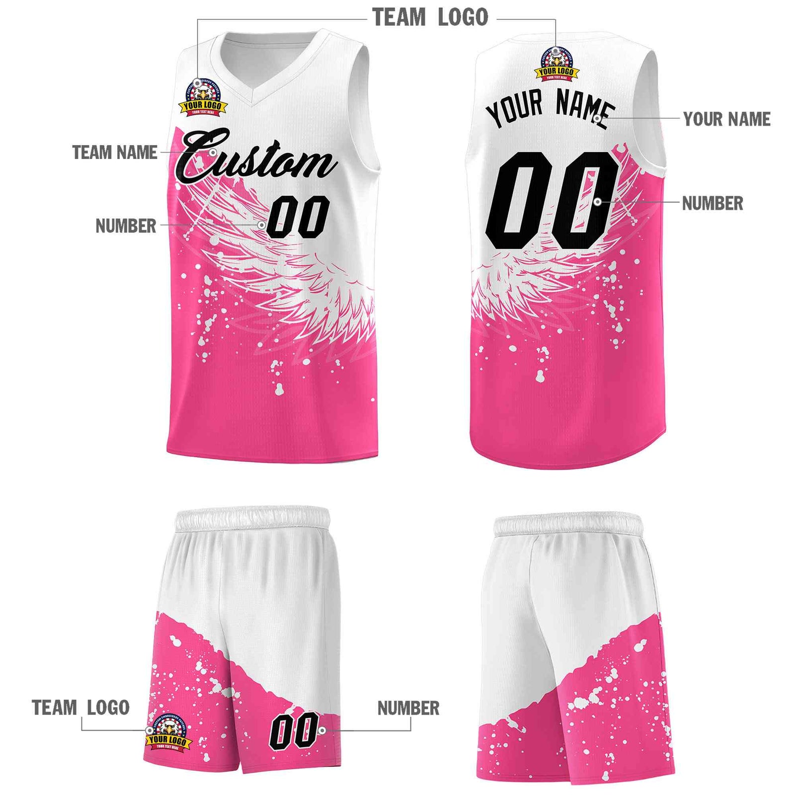 Custom Pink White Wing Pattern Sports Uniform Basketball Jersey| KXKSHOP