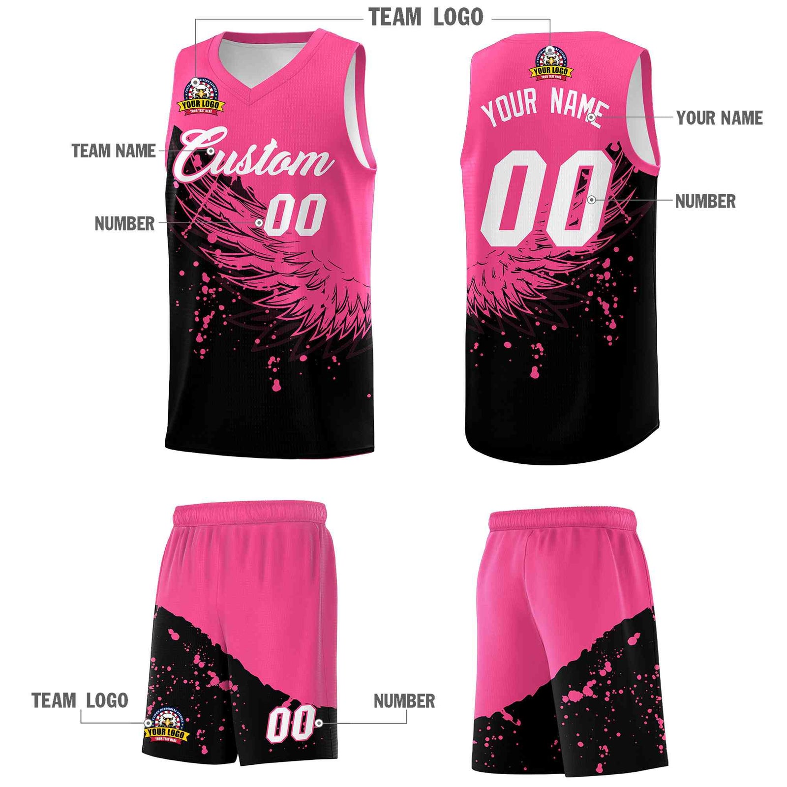 Custom Black Pink Wing Pattern Sports Uniform Basketball Jersey| KXKSHOP