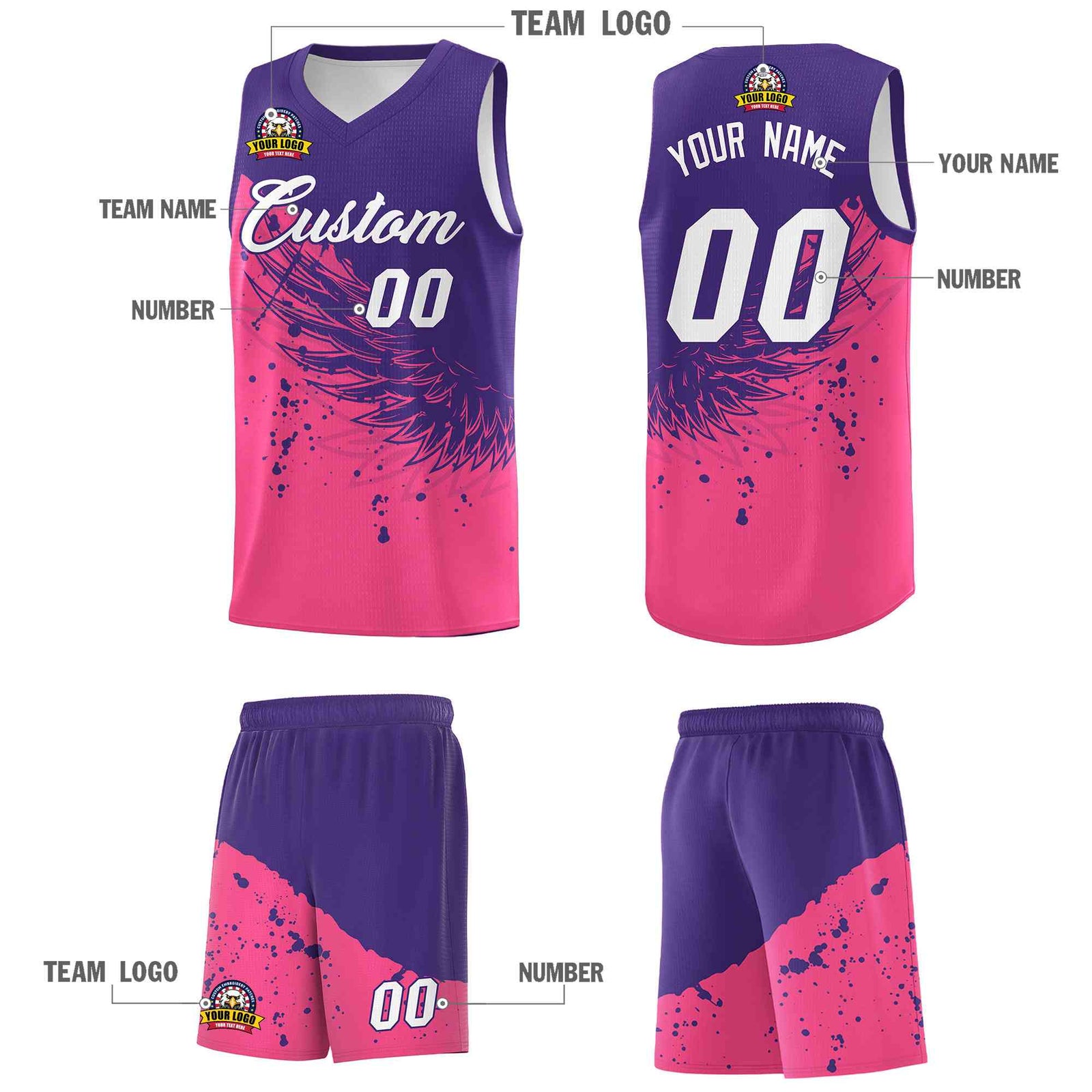 Custom Pink Purple Wing Pattern Sports Uniform Basketball Jersey| KXKSHOP