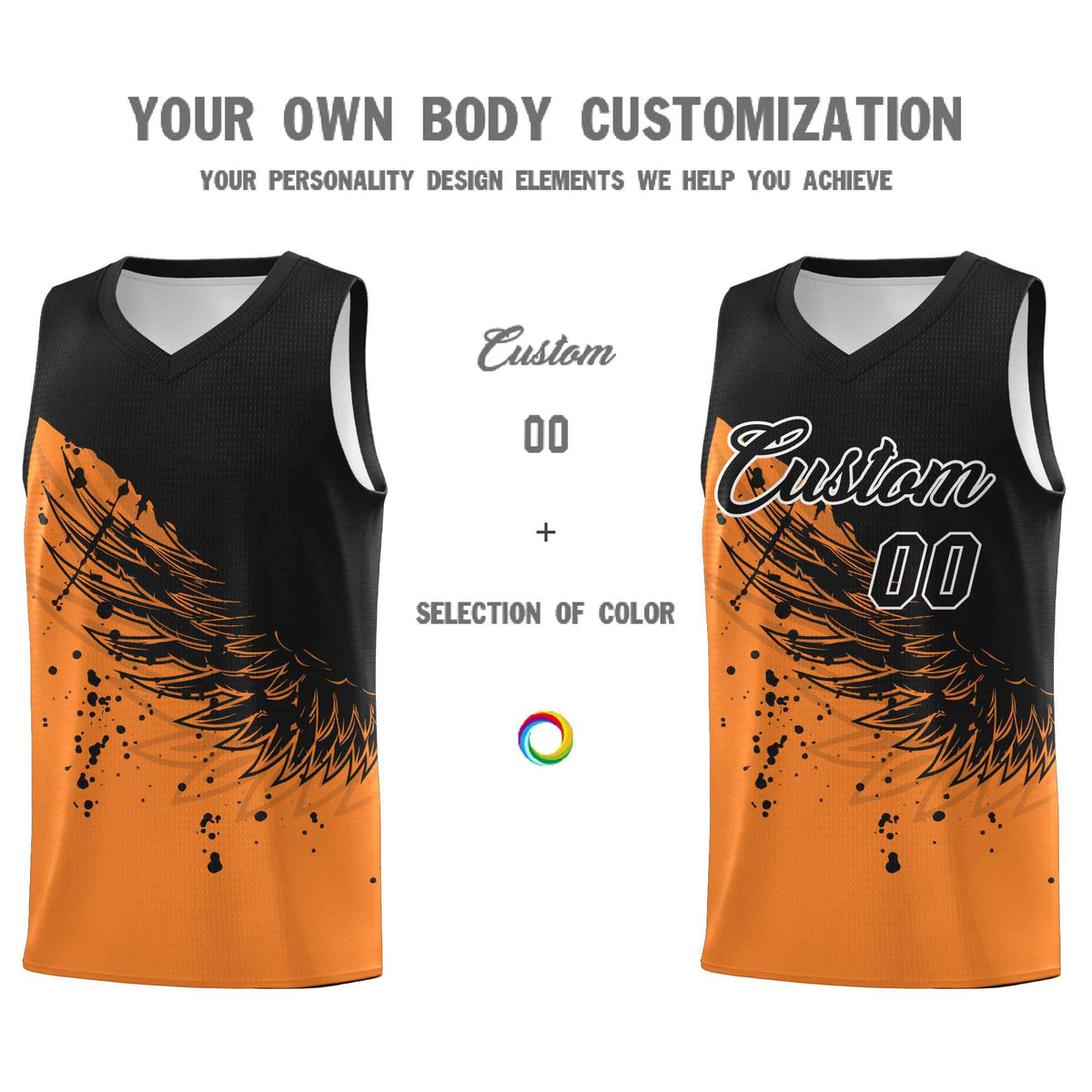 Custom Gold Orange Black Wing Pattern Sports Uniform Basketball Jersey| KXKSHOP
