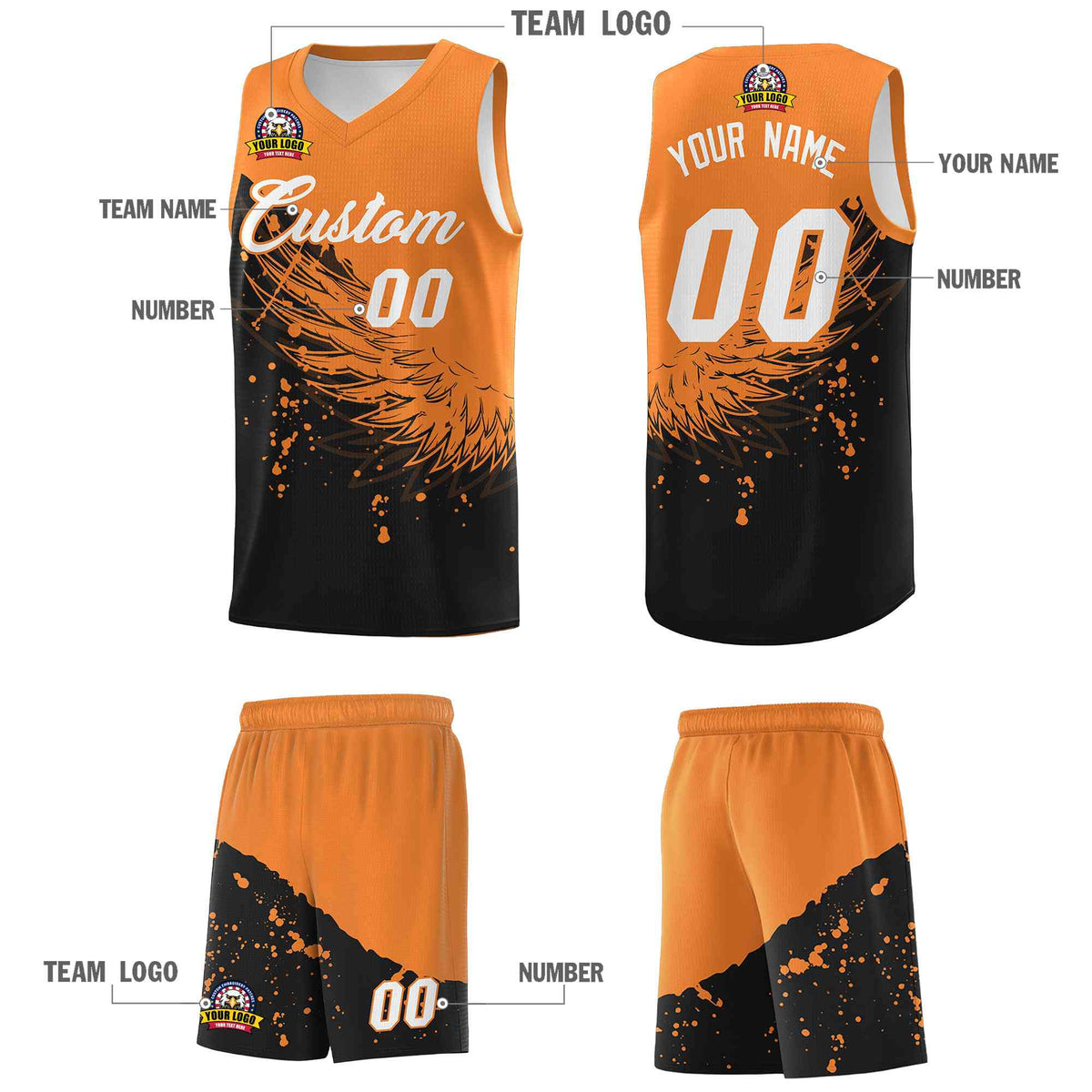 Custom Black Gold Orange Wing Pattern Sports Uniform Basketball Jersey| KXKSHOP