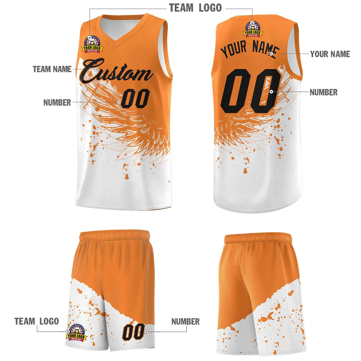 Custom White Gold Orange Wing Pattern Sports Uniform Basketball Jersey| KXKSHOP