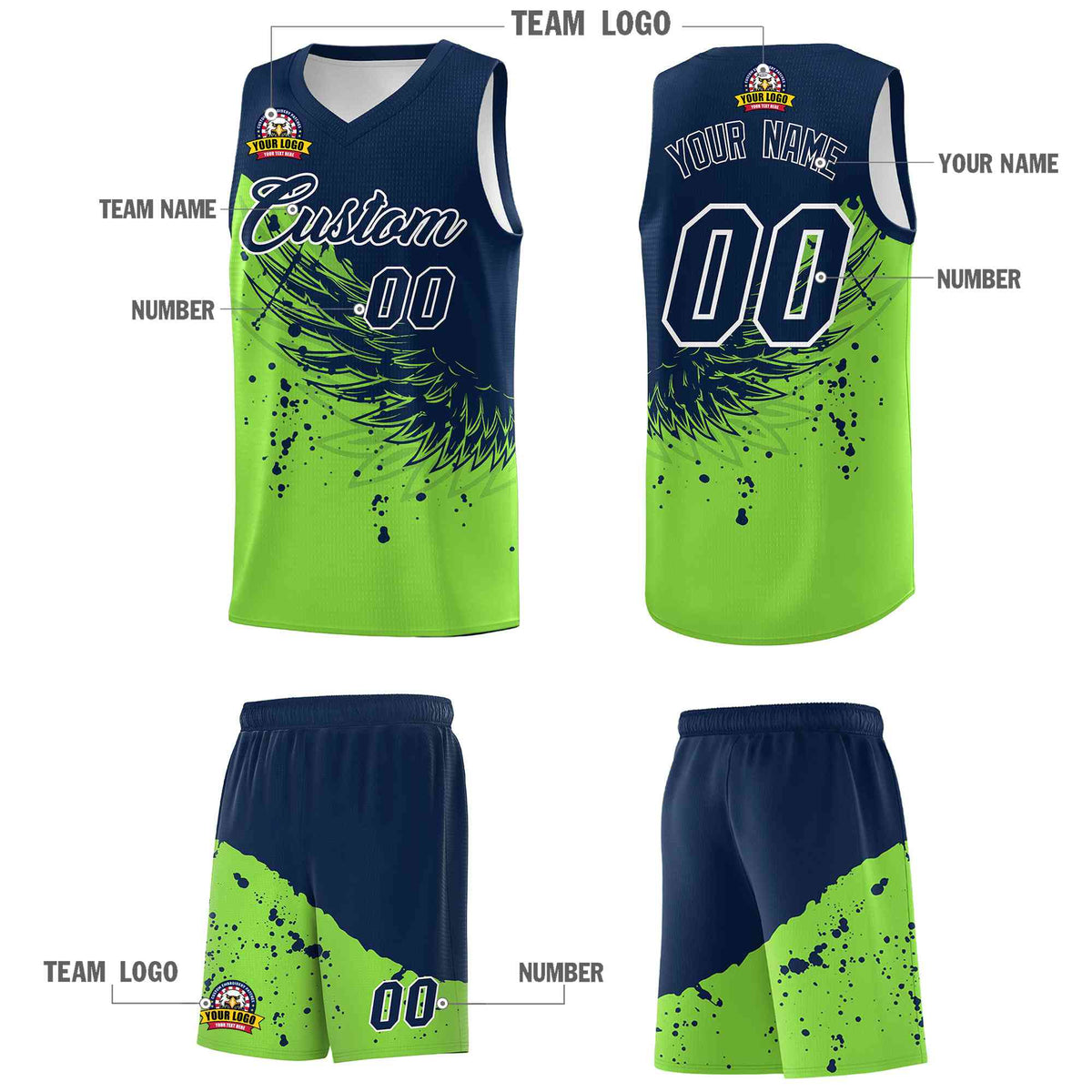 Custom Fluorescent Green Navy Wing Pattern Sports Uniform Basketball Jersey| KXKSHOP