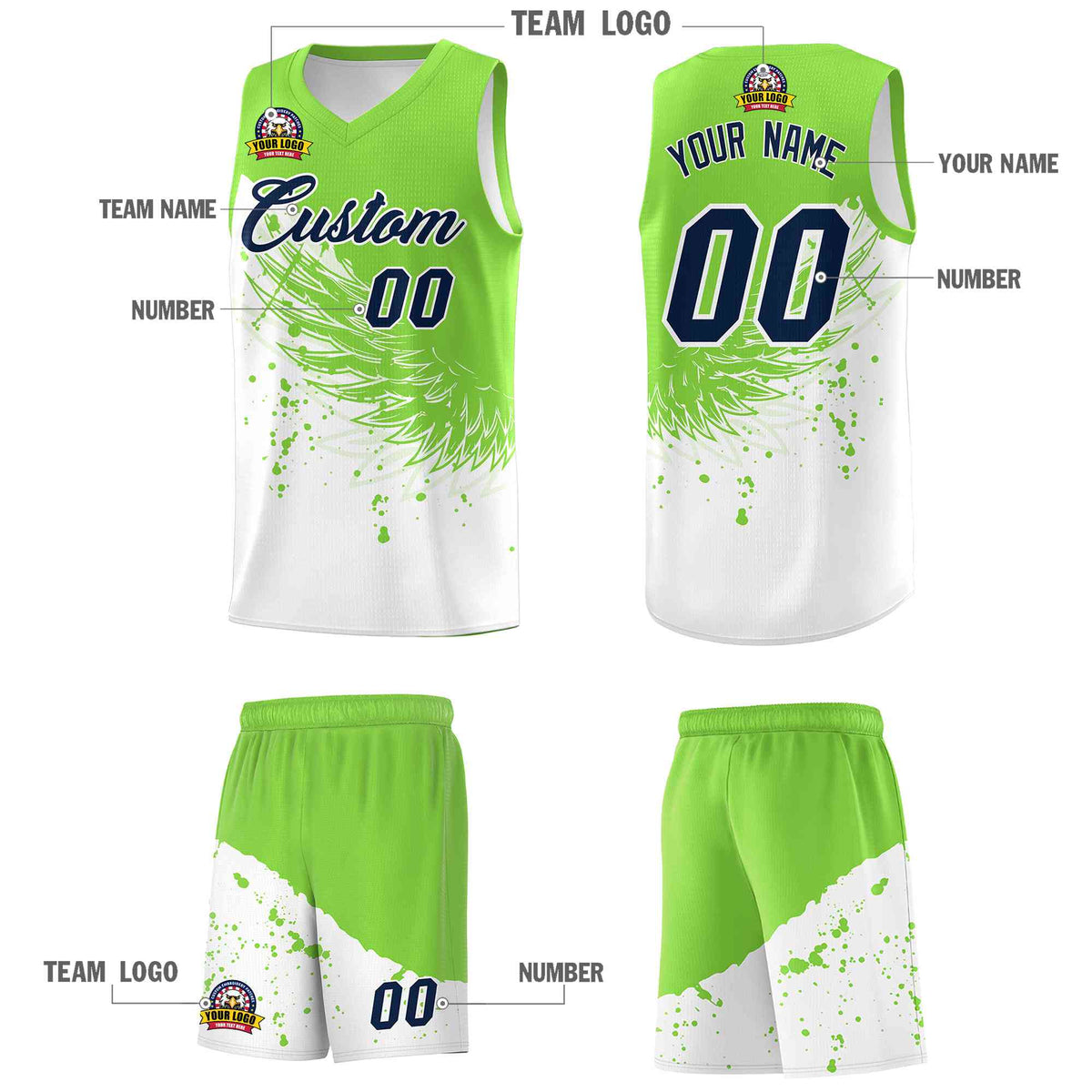Custom White Fluorescent Green Wing Pattern Sports Uniform Basketball Jersey| KXKSHOP