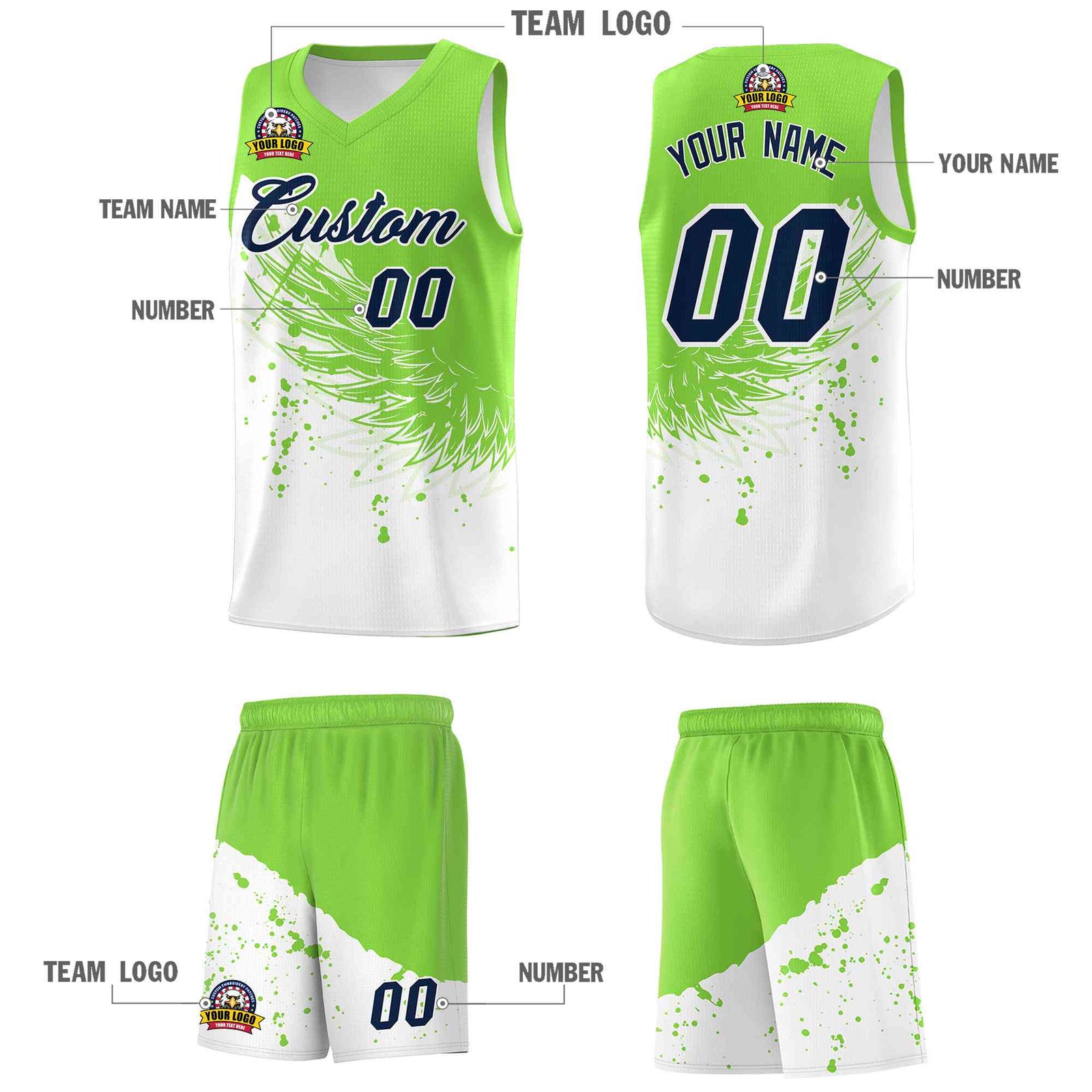 Custom White Fluorescent Green Wing Pattern Sports Uniform Basketball Jersey| KXKSHOP