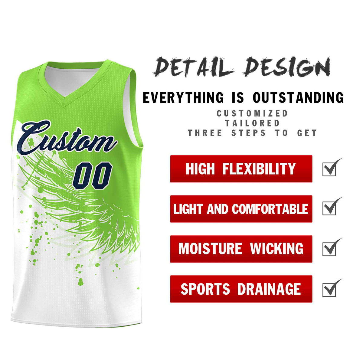 Custom White Fluorescent Green Wing Pattern Sports Uniform Basketball Jersey| KXKSHOP