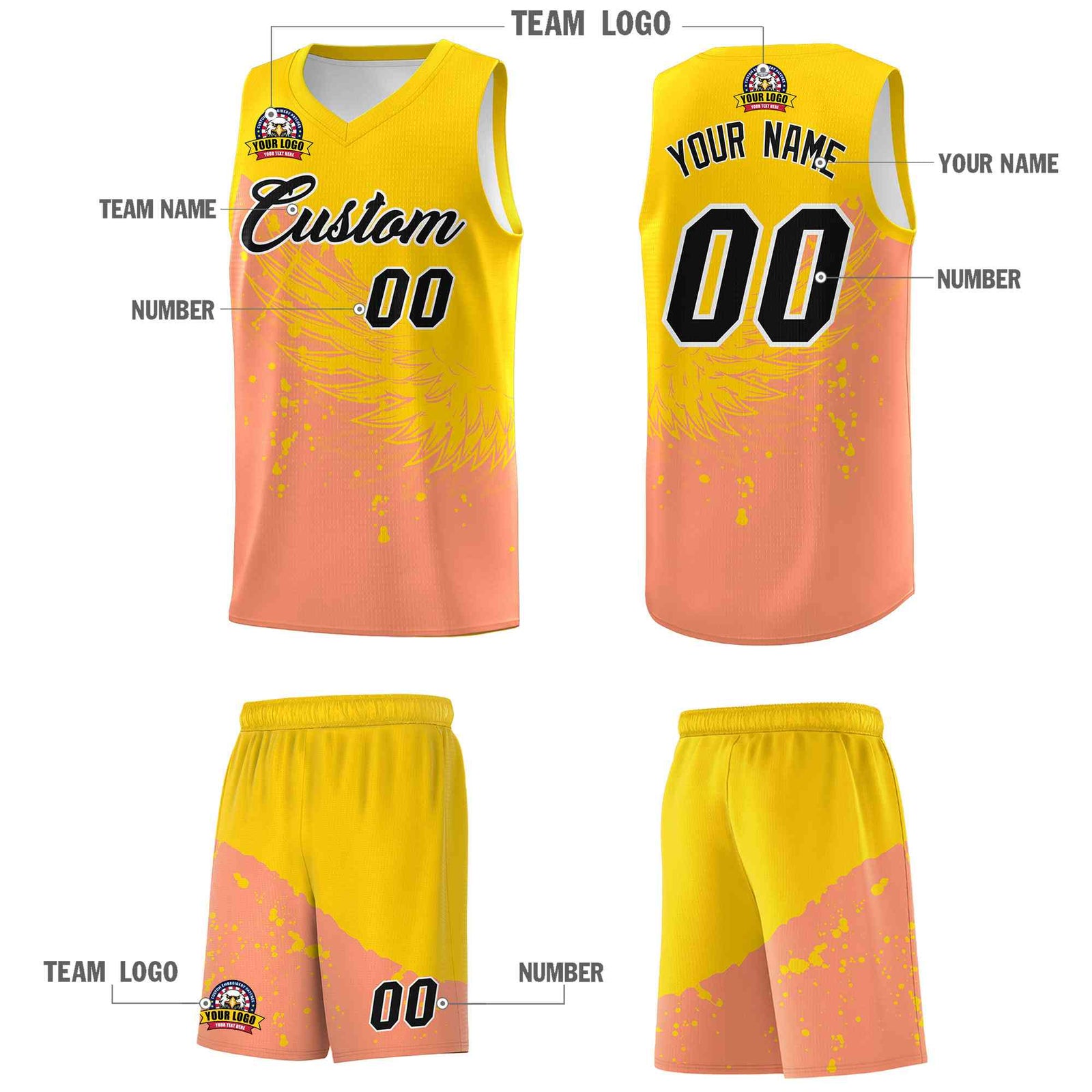 Custom Light Orange Gold Wing Pattern Sports Uniform Basketball Jersey| KXKSHOP