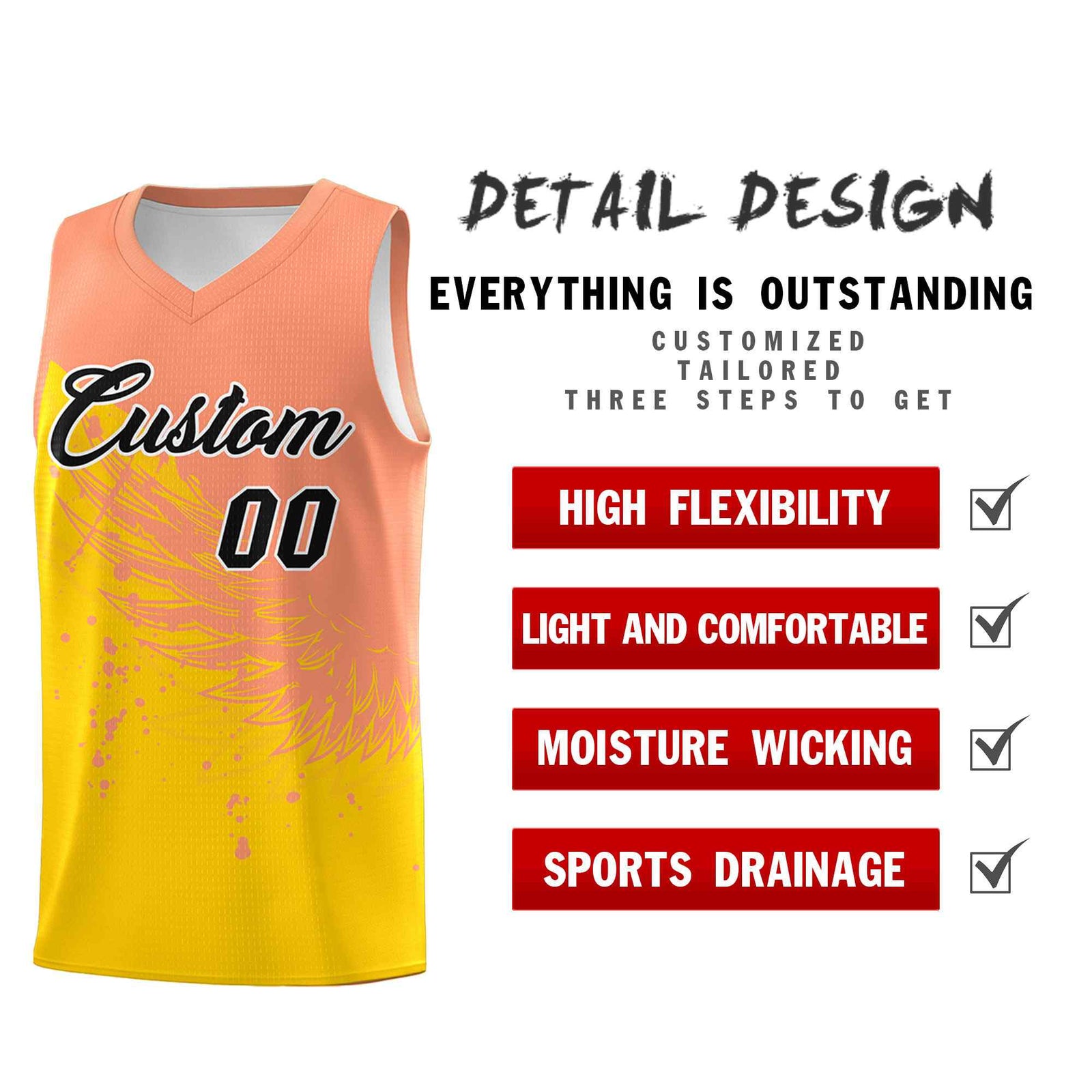 Custom Gold Light Orange Wing Pattern Sports Uniform Basketball Jersey| KXKSHOP