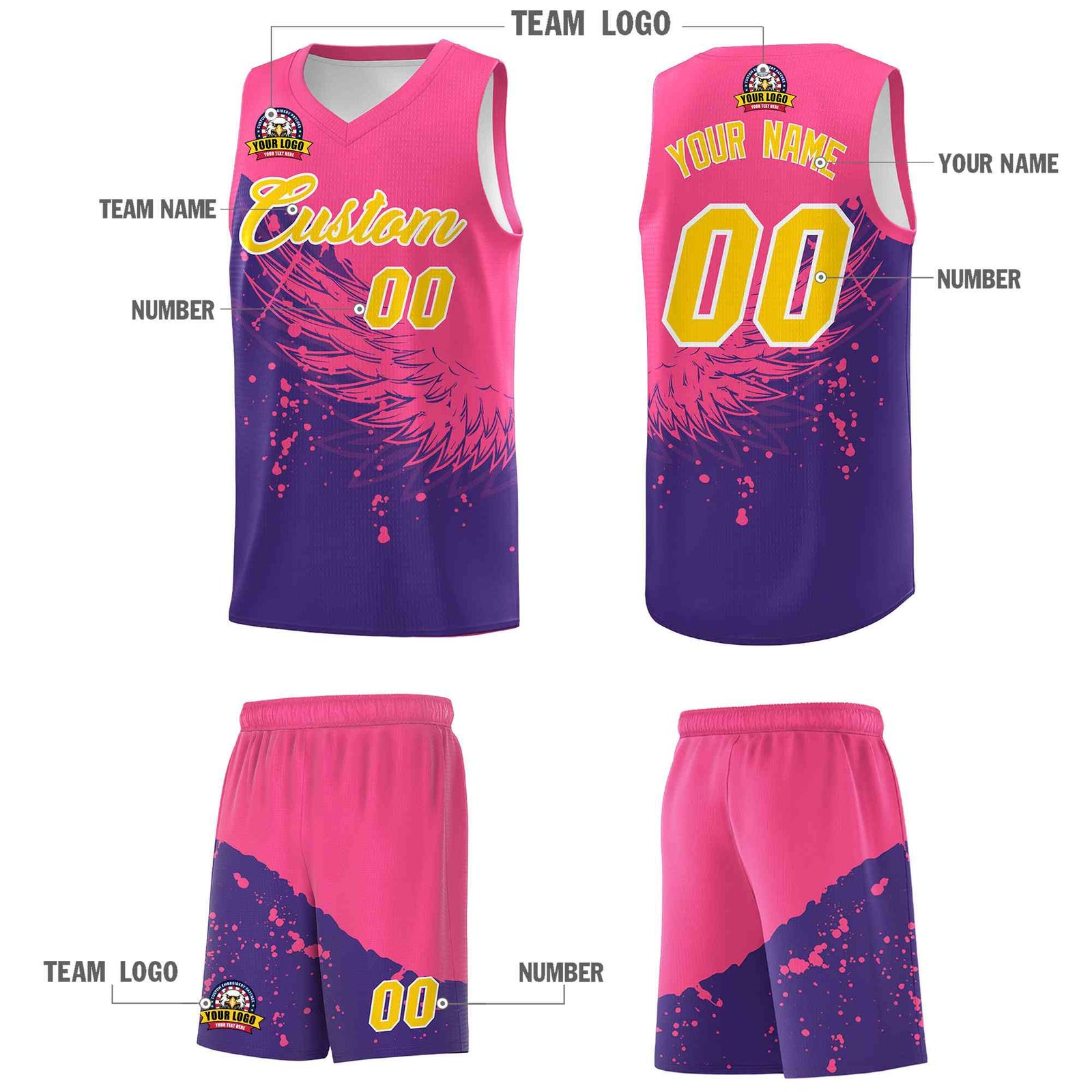 Custom Purple Pink Wing Pattern Sports Uniform Basketball Jersey| KXKSHOP