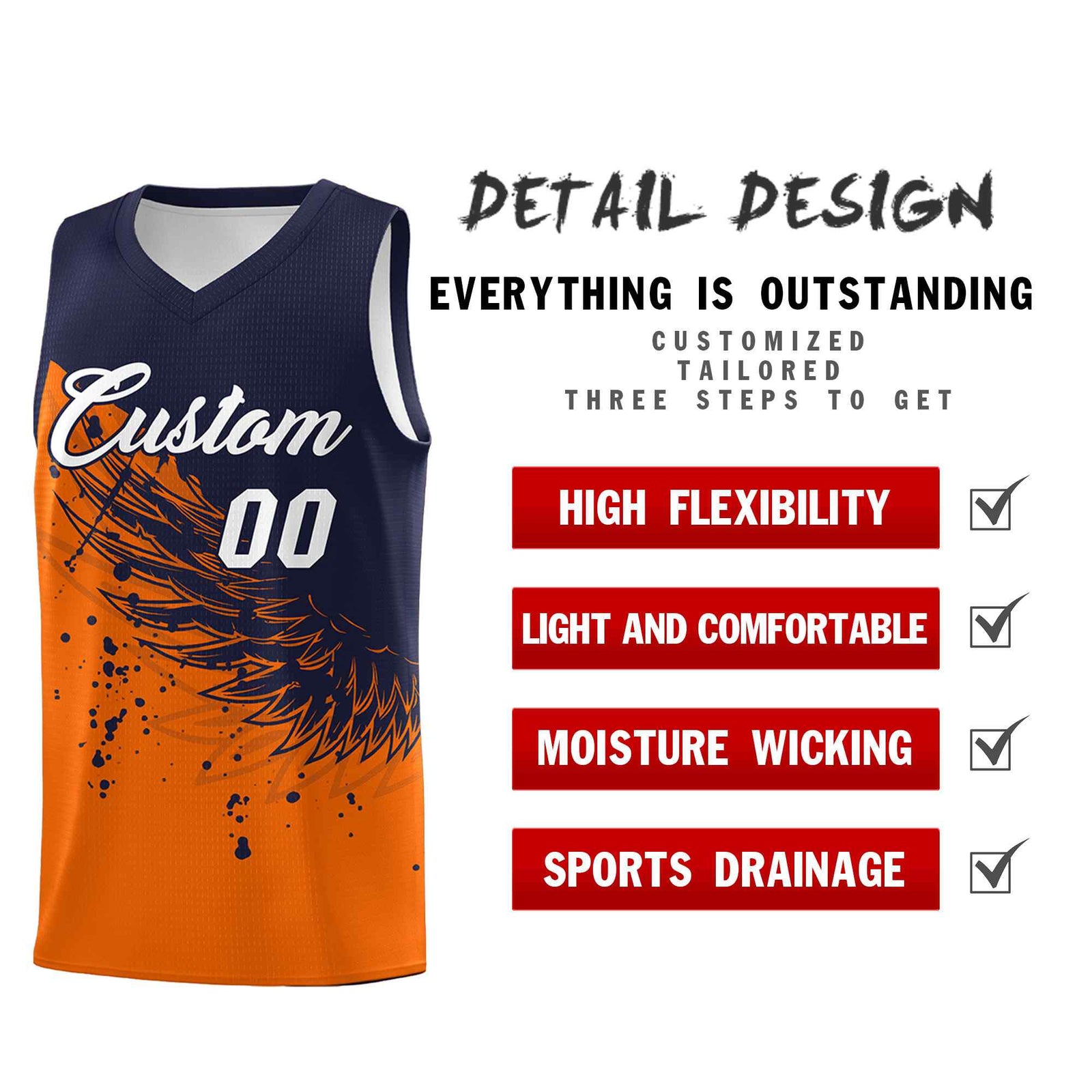 Custom Orange Navy Wing Pattern Sports Uniform Basketball Jersey| KXKSHOP