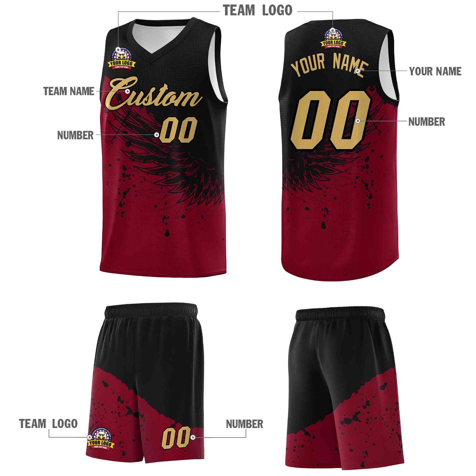 Custom Crimson Black Wing Pattern Sports Uniform Basketball Jersey| KXKSHOP
