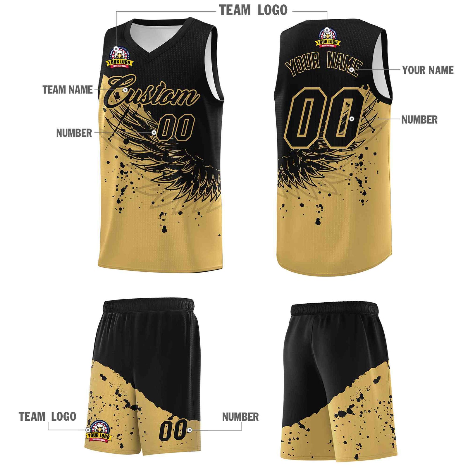 Custom Old Gold Black Wing Pattern Sports Uniform Basketball Jersey| KXKSHOP
