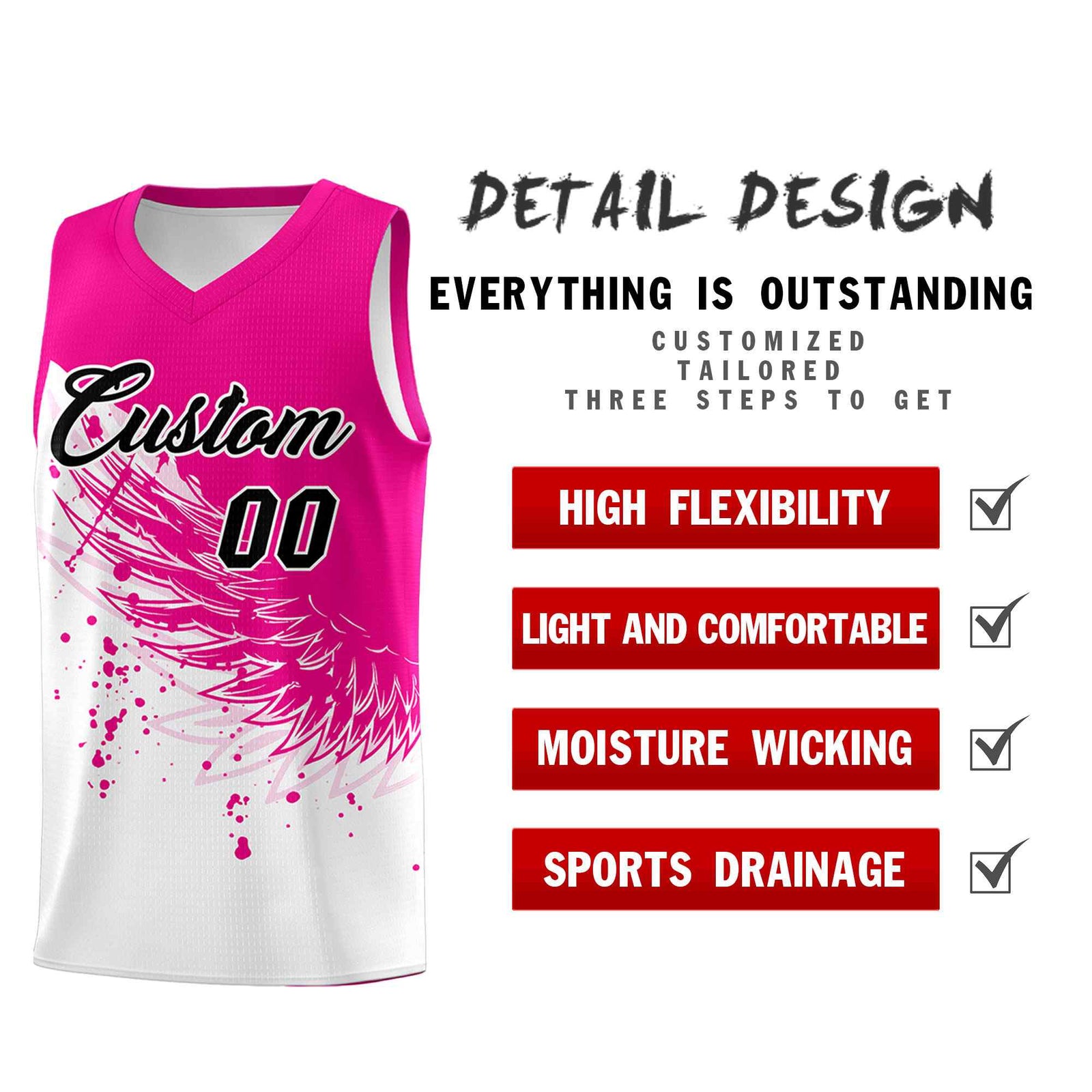 Custom White Pink Wing Pattern Sports Uniform Basketball Jersey| KXKSHOP